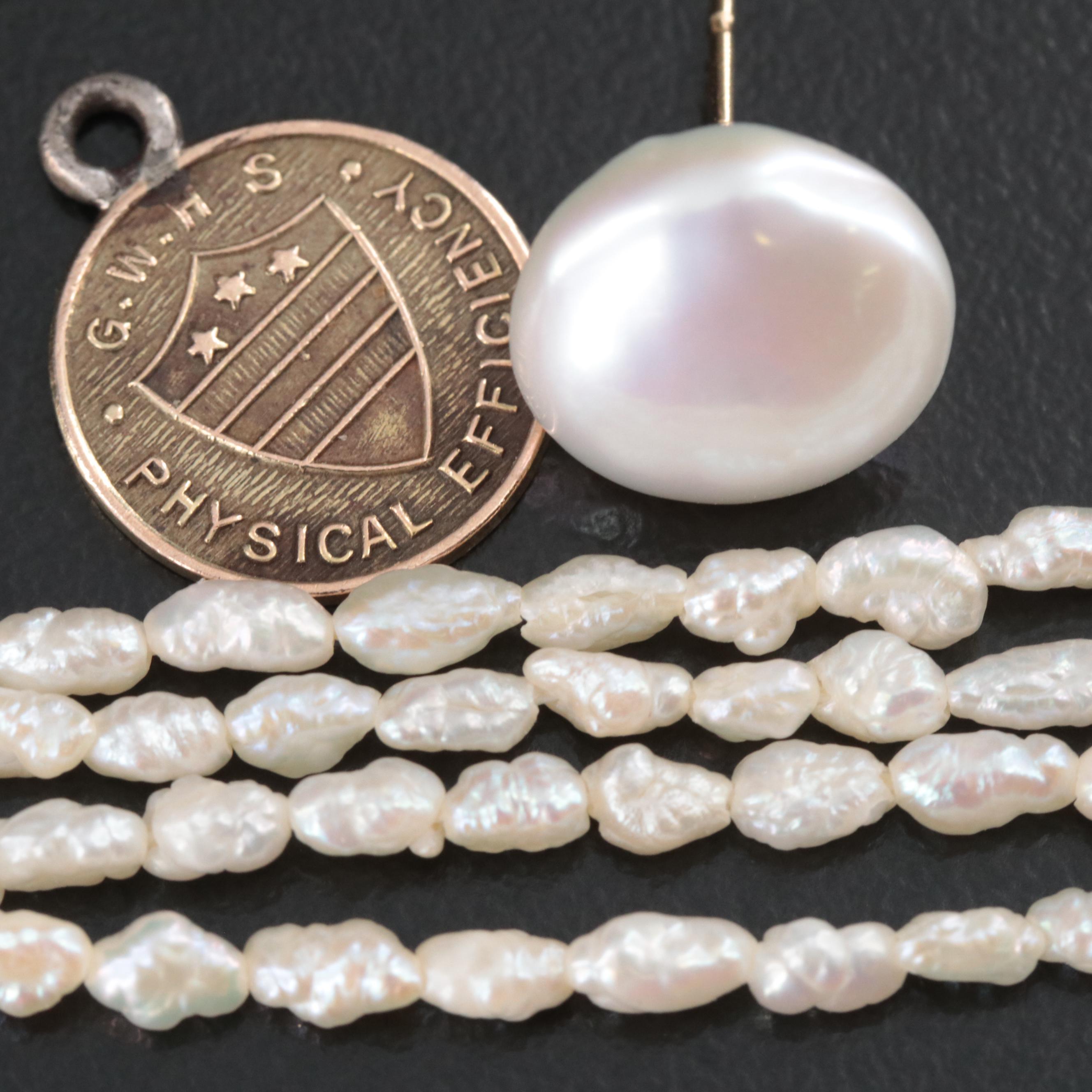 14K Pearl Bracelet, Single Pearl Earring and Vintage School Medal