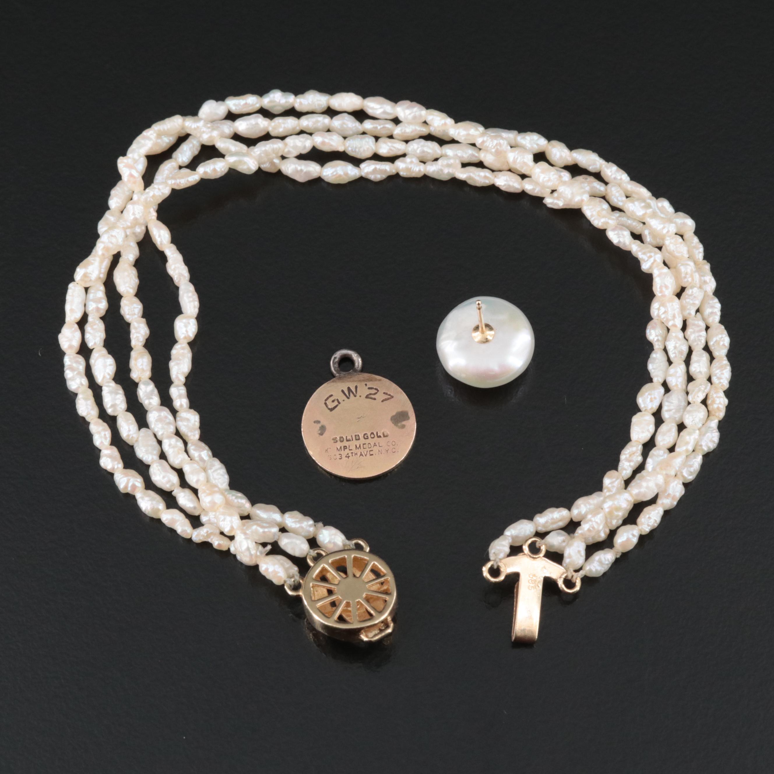 14K Pearl Bracelet, Single Pearl Earring and Vintage School Medal