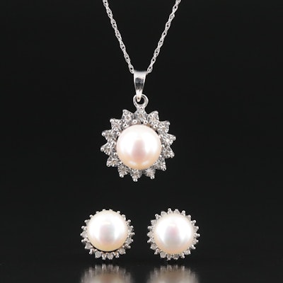 10K Pearl and Diamond Pendant Necklace and Sterling Earrings
