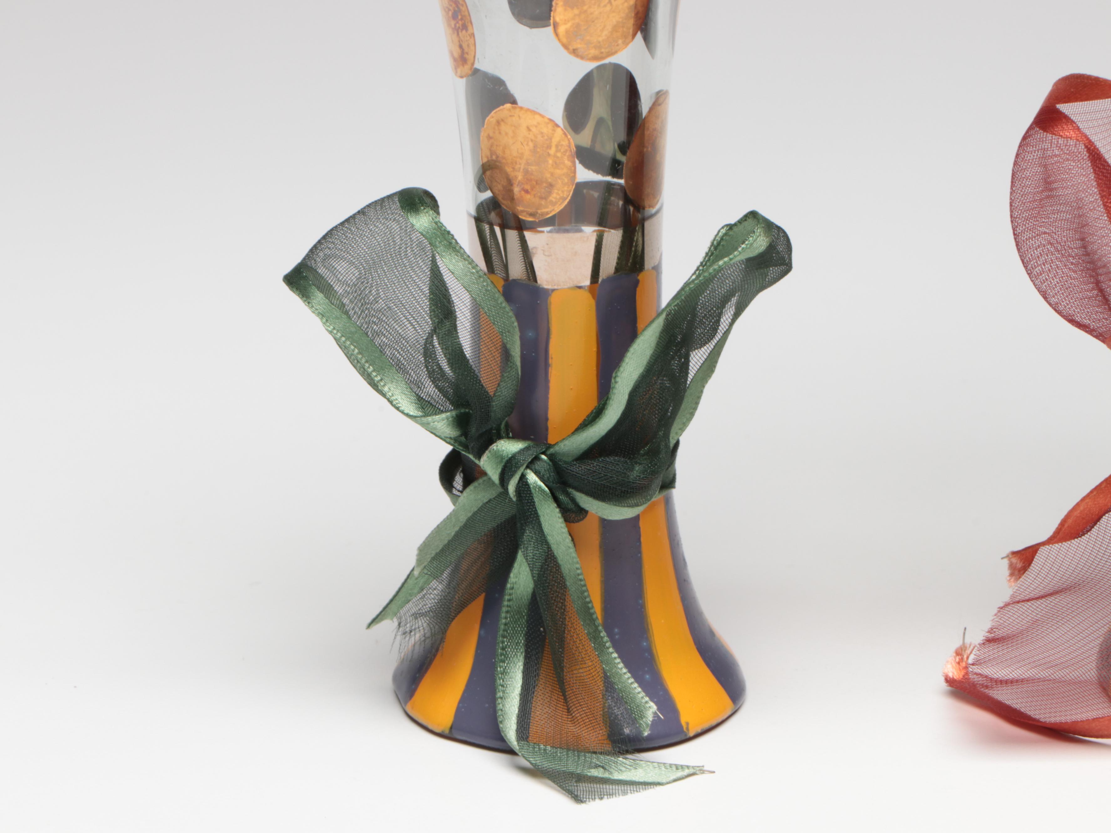 MacKenzie-Childs "Circus" Hand-Painted Glass Basket and Vases, 21st C.