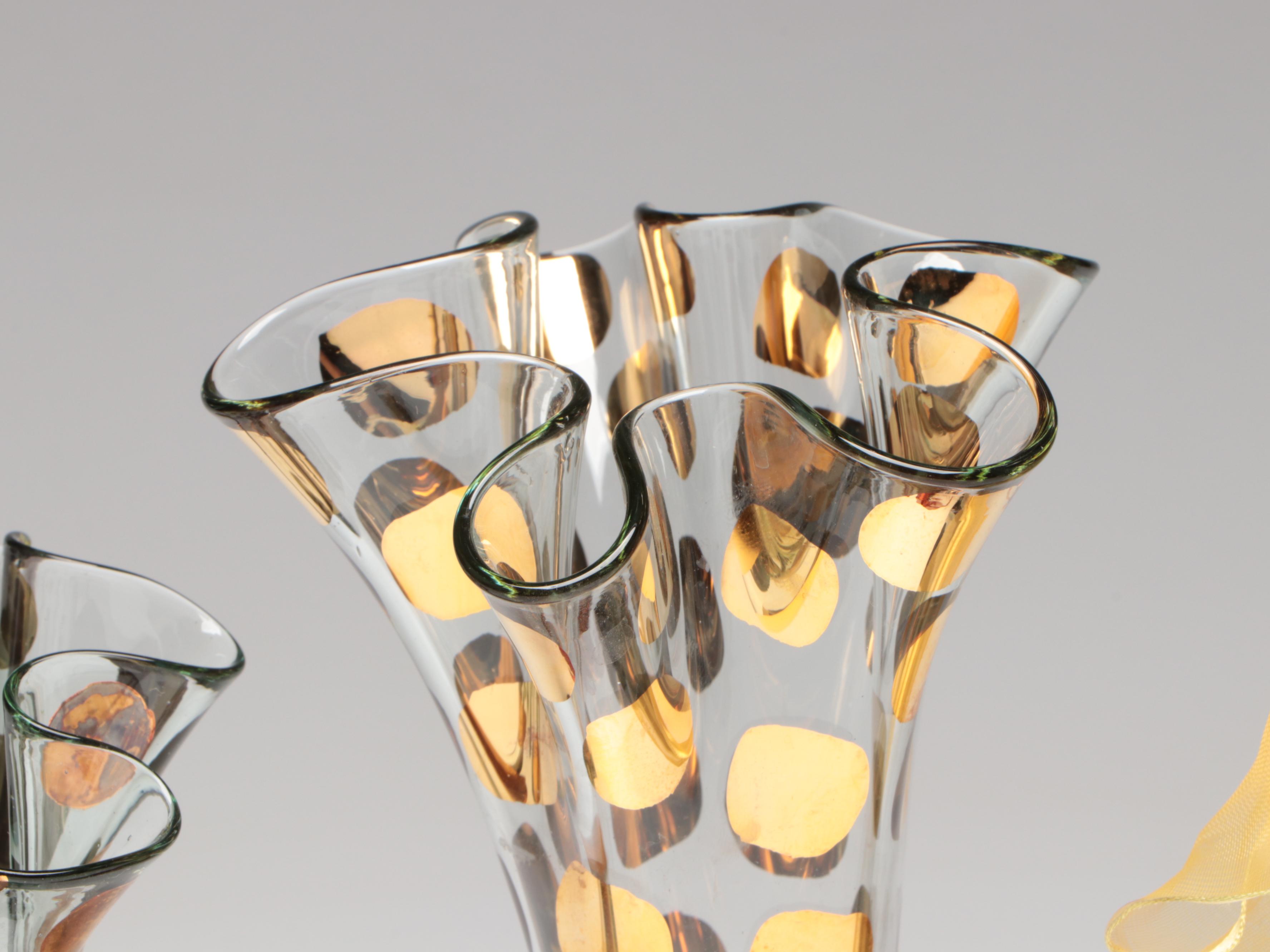 MacKenzie-Childs "Circus" Hand-Painted Glass Basket and Vases, 21st C.