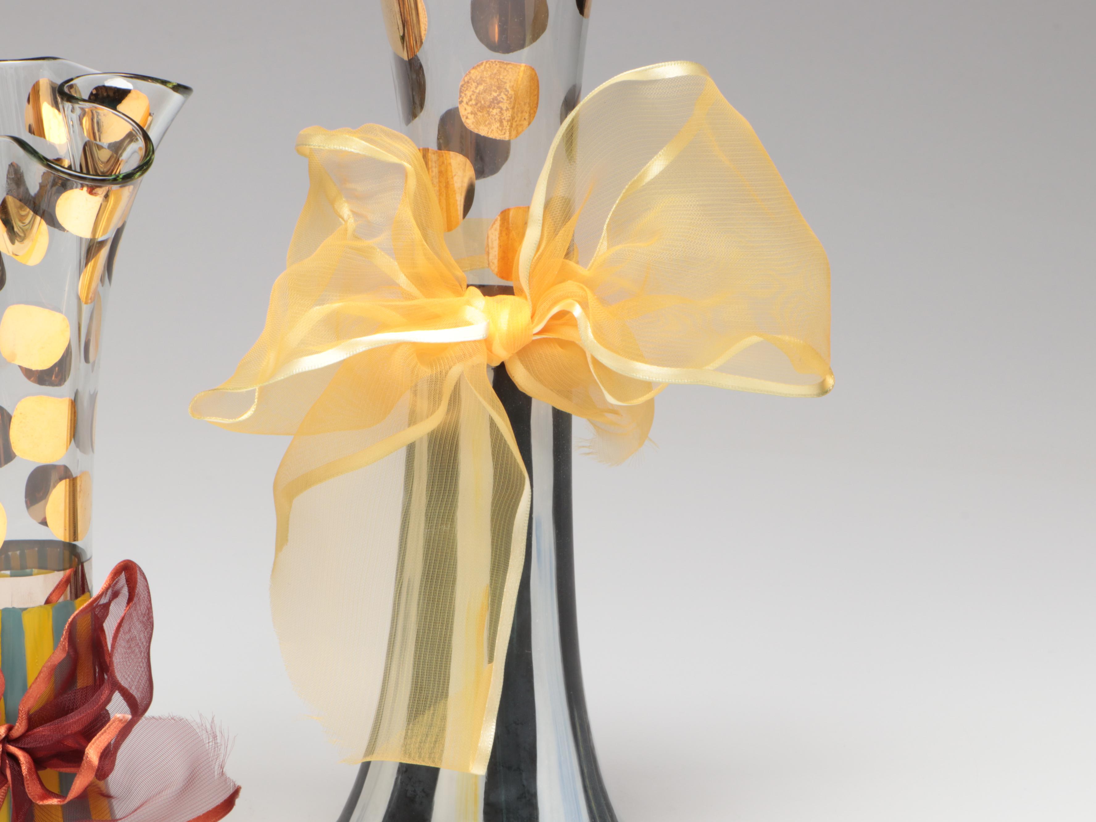 MacKenzie-Childs "Circus" Hand-Painted Glass Basket and Vases, 21st C.