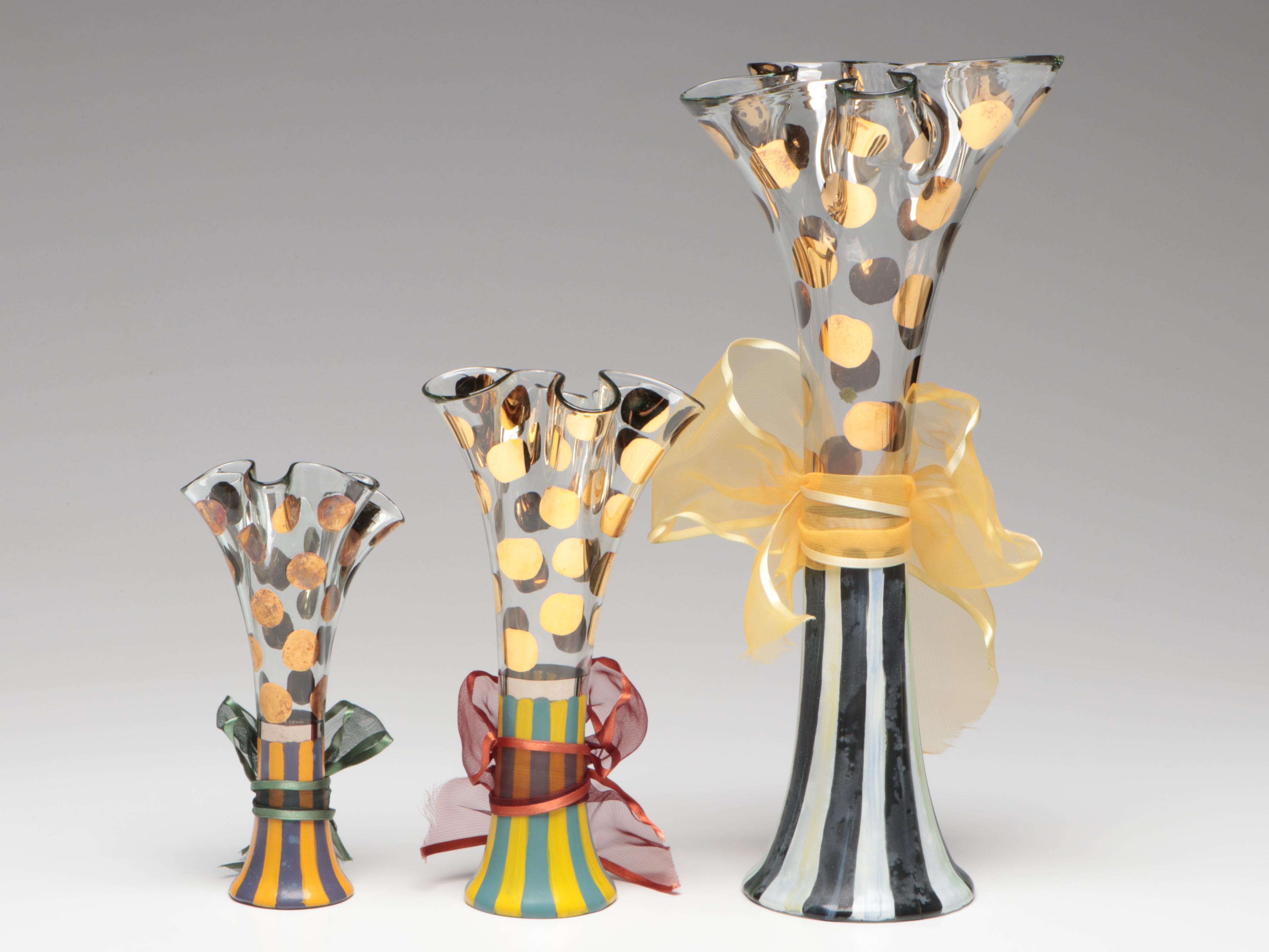 MacKenzie-Childs "Circus" Hand-Painted Glass Basket and Vases, 21st C.