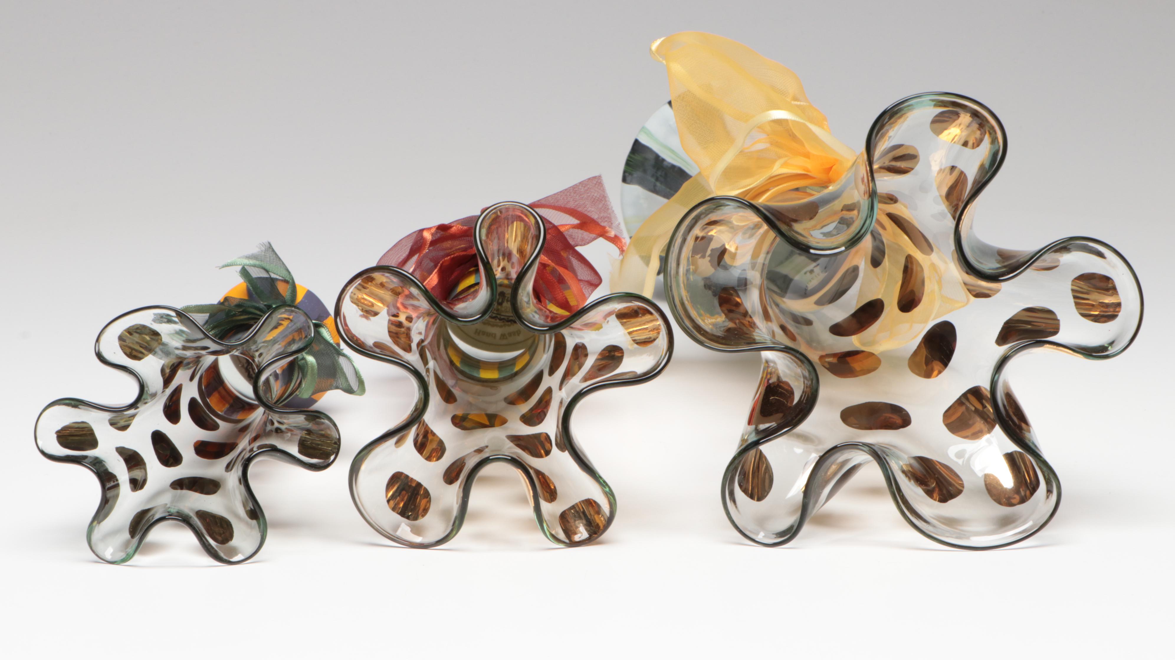 MacKenzie-Childs "Circus" Hand-Painted Glass Basket and Vases, 21st C.