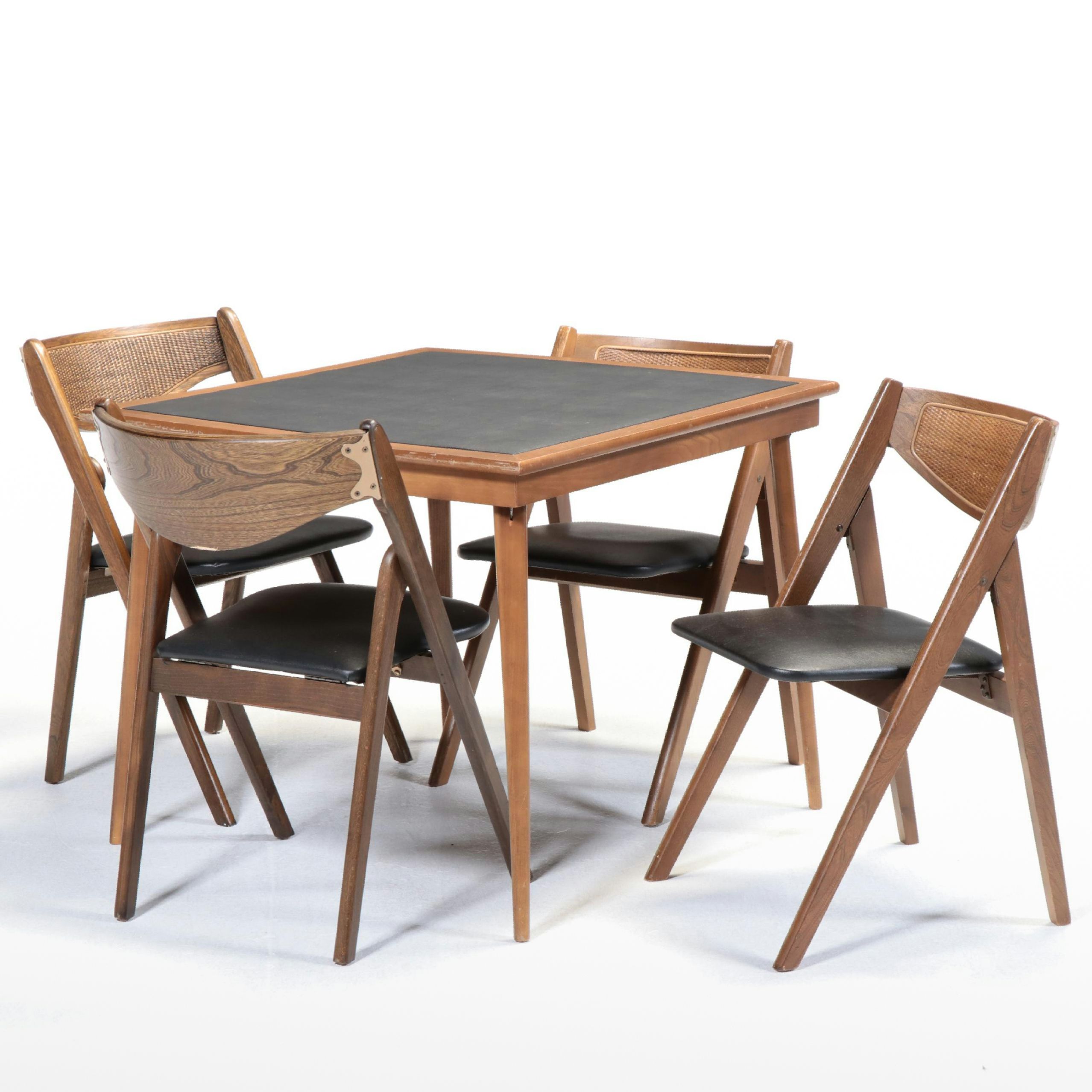 Four Coronet Walnut & Wicker Finish Folding Chairs, Stakmore Bridge Table