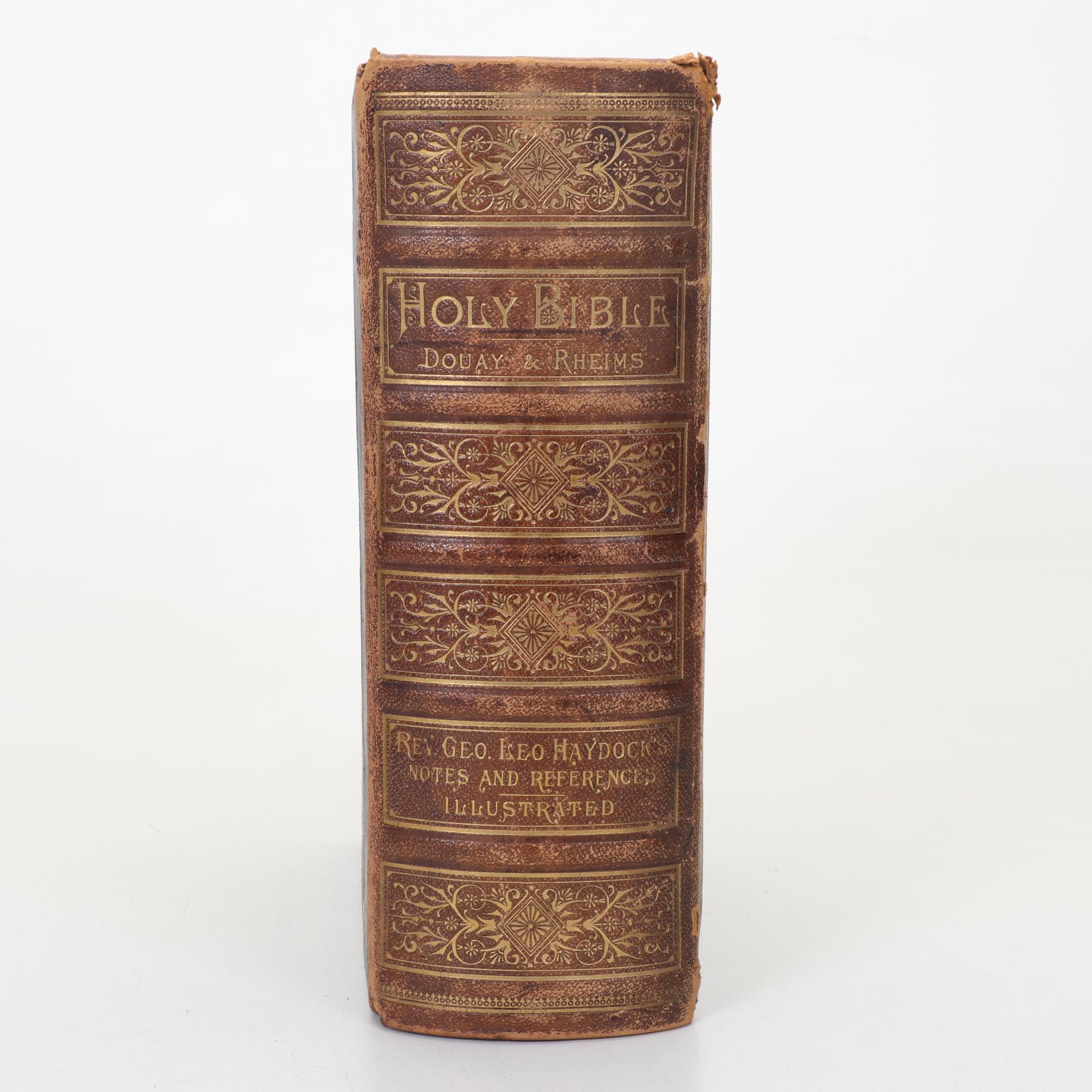 Leather Bound Illustrated Holy Bible Revised by Rev. Geo. Leo Haydock, 1880s