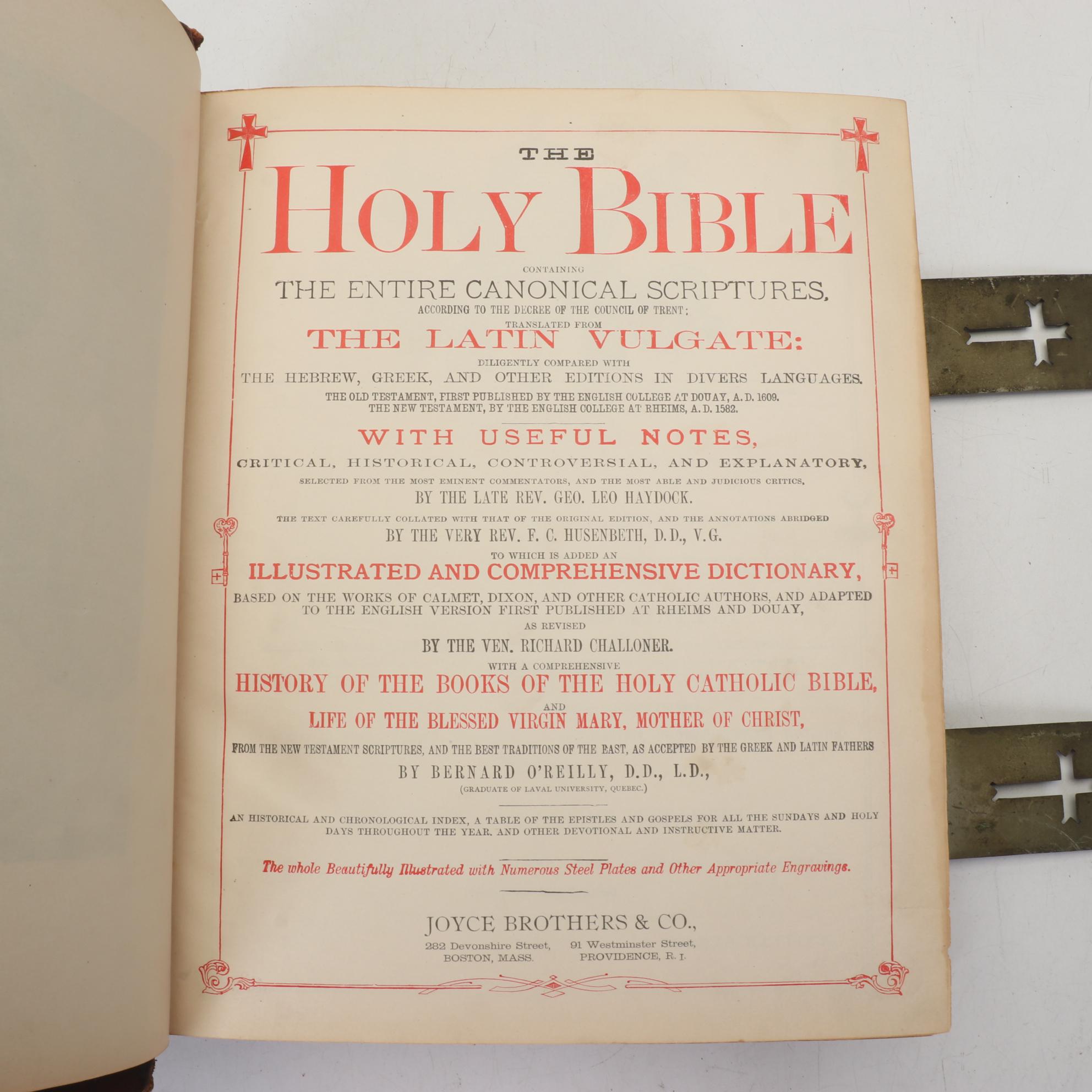 Leather Bound Illustrated Holy Bible Revised by Rev. Geo. Leo Haydock, 1880s