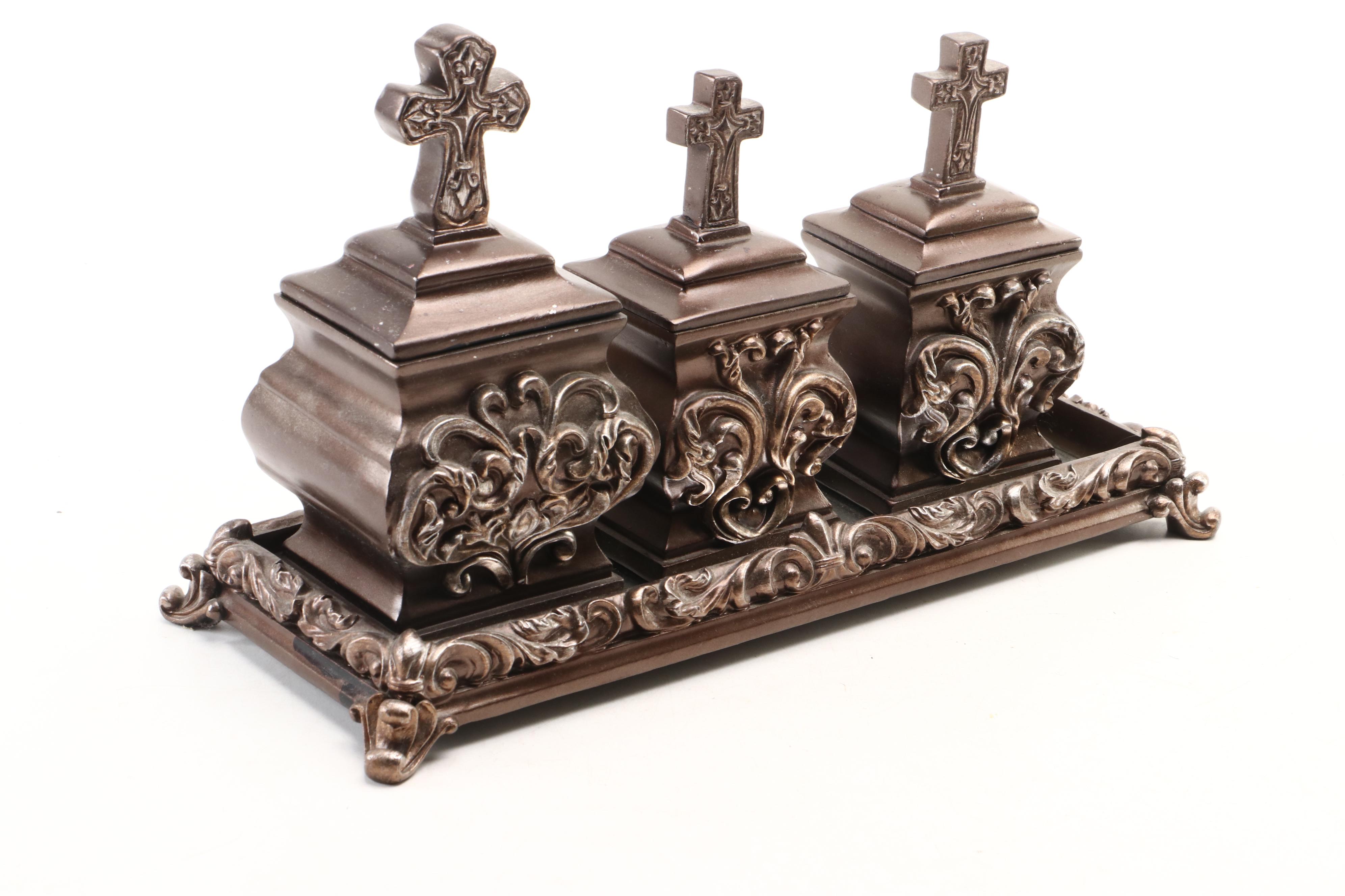 Contemporary Embossed Resin Decorative Plate, Boxes, Compote and Mirrored Tray