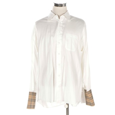 Men's Burberry White Cotton Button-Front Shirt With House Check Accents