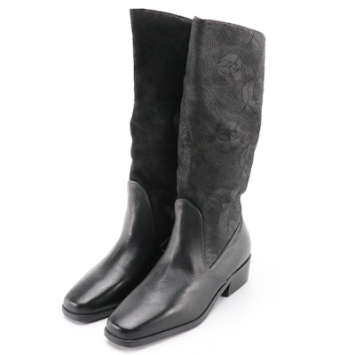 Markon Suela Boots in Black Floral Rose Embossed Suede and Leather