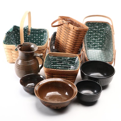 Signed, Dated Longaberger Wood Baskets, Kathleen Wallace Greer Stoneware Pottery