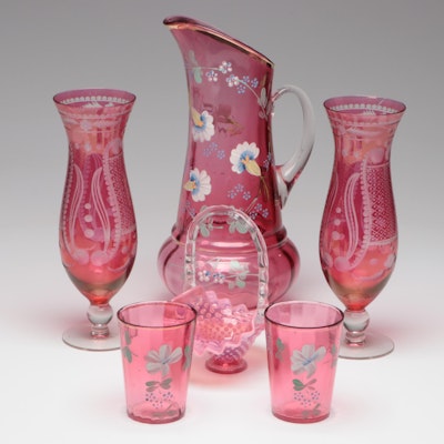 Bohemian Style Glass Vases with Hand-Painted Glass Pitcher and More