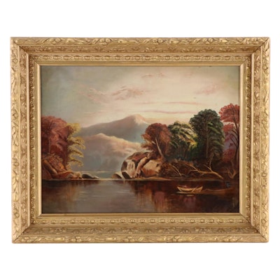 Hudson River School Oil Painting of a Hunter on a Lake, Late 19th Century