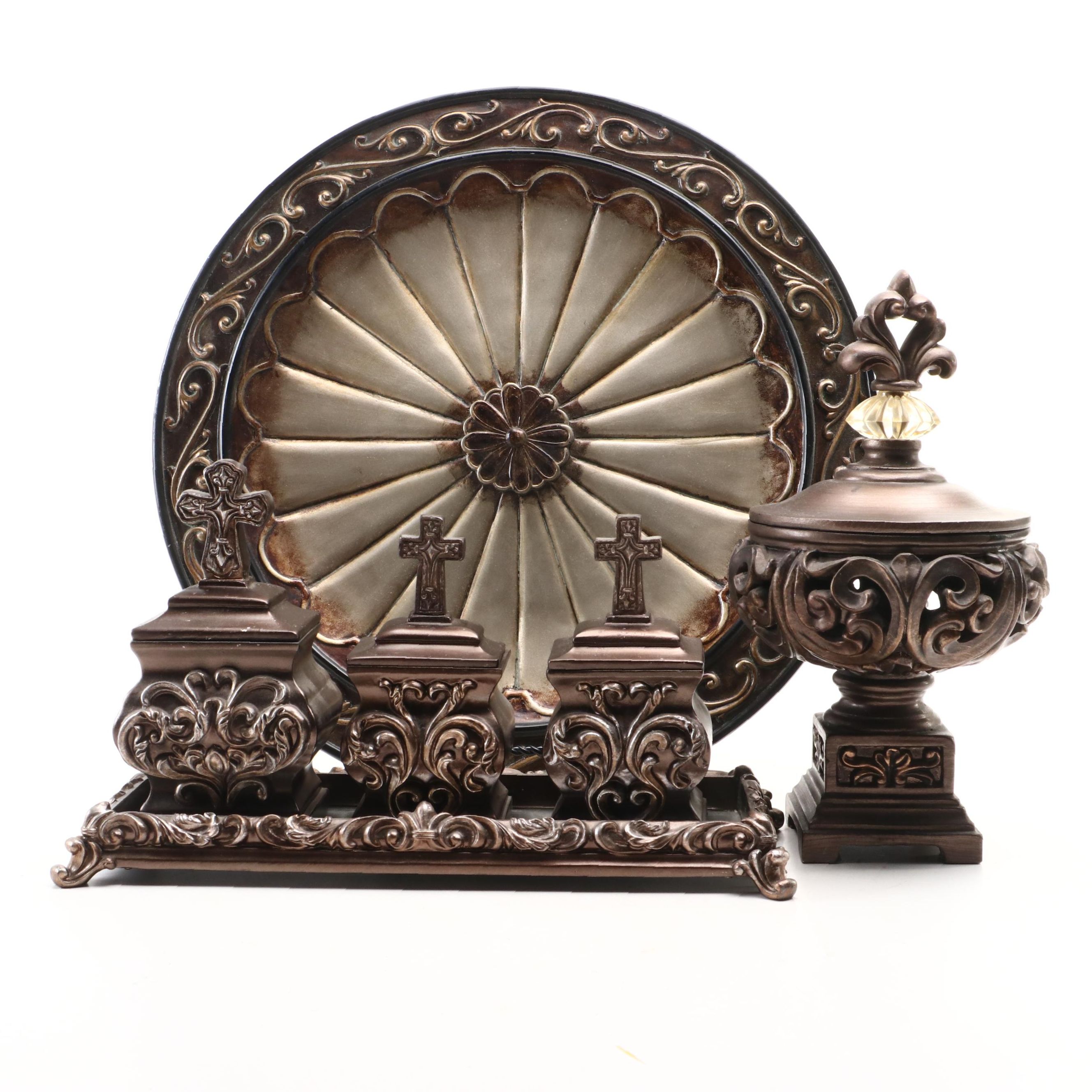 Contemporary Embossed Resin Decorative Plate, Boxes, Compote and Mirrored Tray