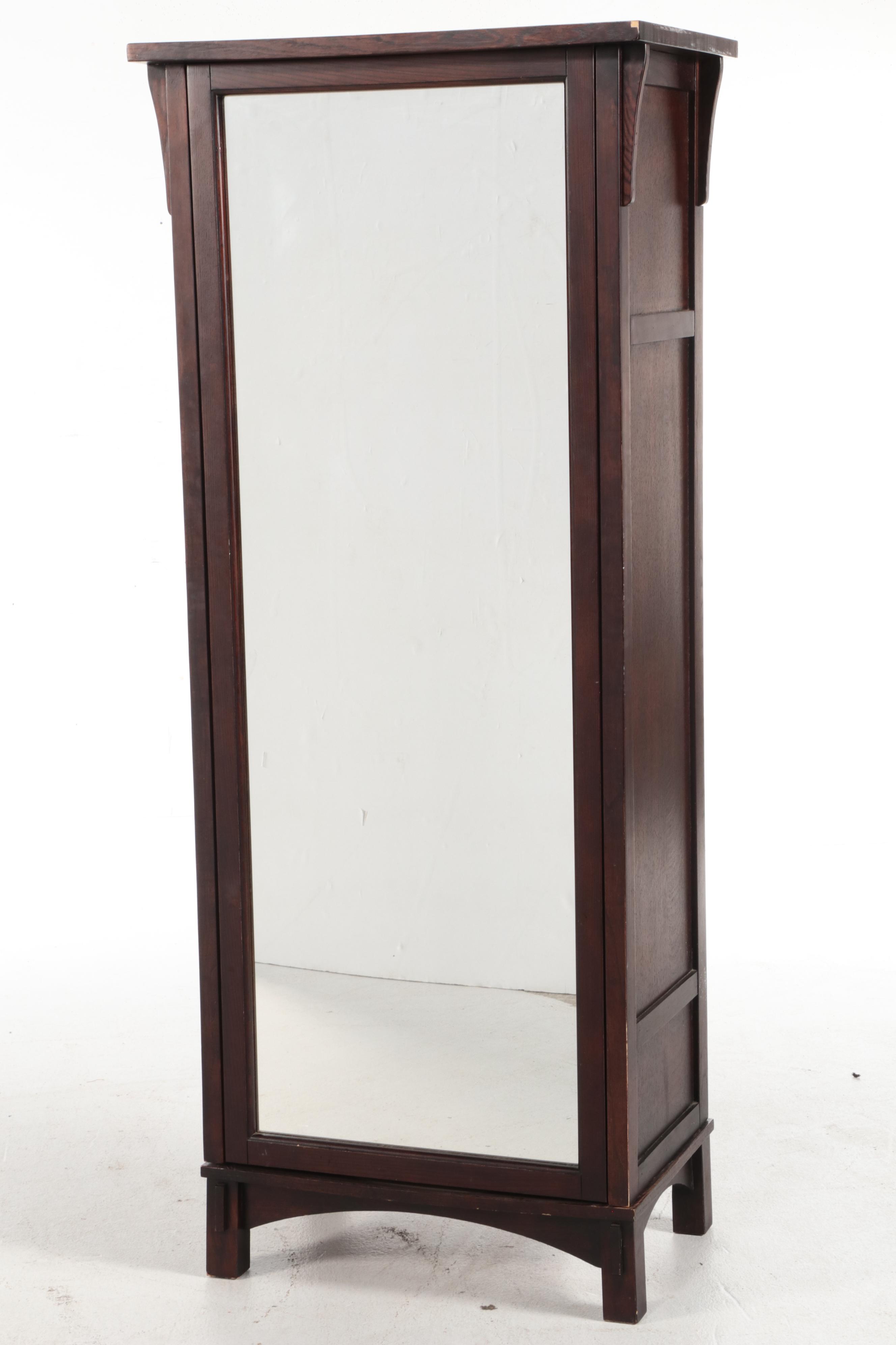 Arts & Crafts Style Oak Revolving Armoire with Mirrored Back