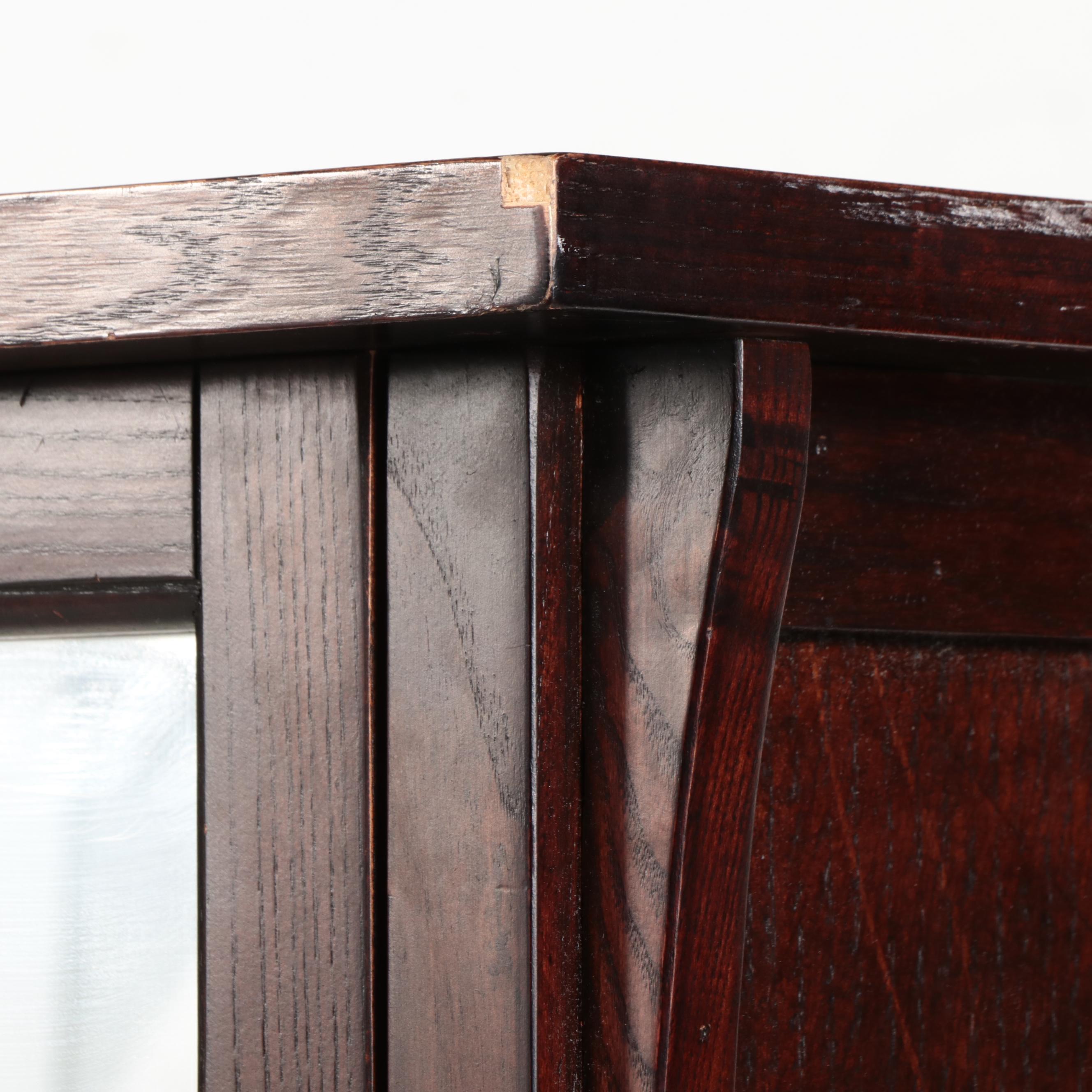 Arts & Crafts Style Oak Revolving Armoire with Mirrored Back