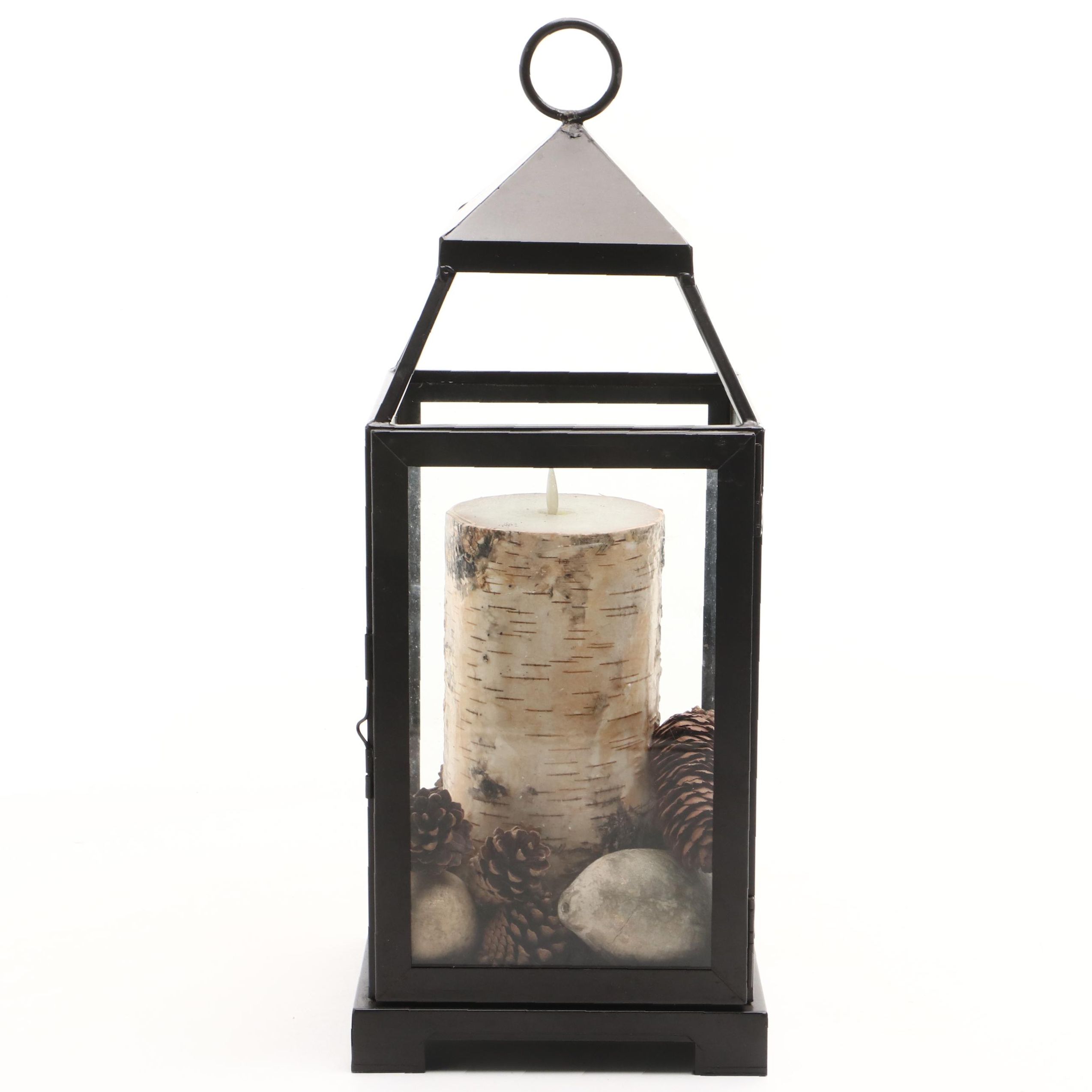 Pottery Barn Candle Lantern with Birch Wrapped LED Candle, Pine Cones, More