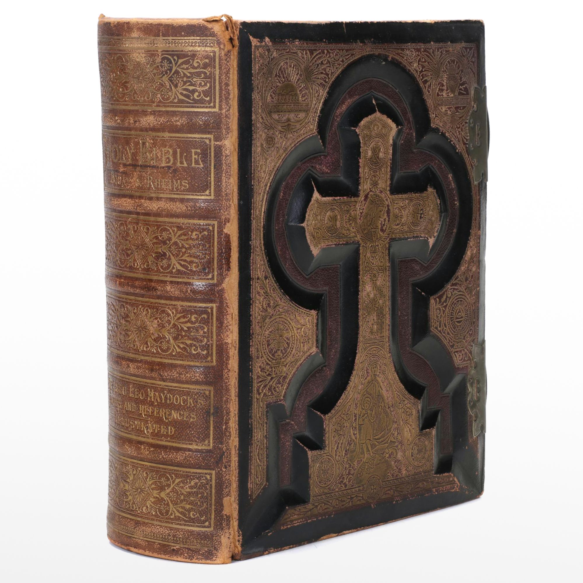 Leather Bound Illustrated Holy Bible Revised by Rev. Geo. Leo Haydock, 1880s