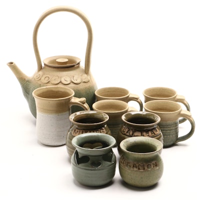 Kathleen Wallace Greer Art Pottery Stoneware Mugs, Teapot and Spice Jars