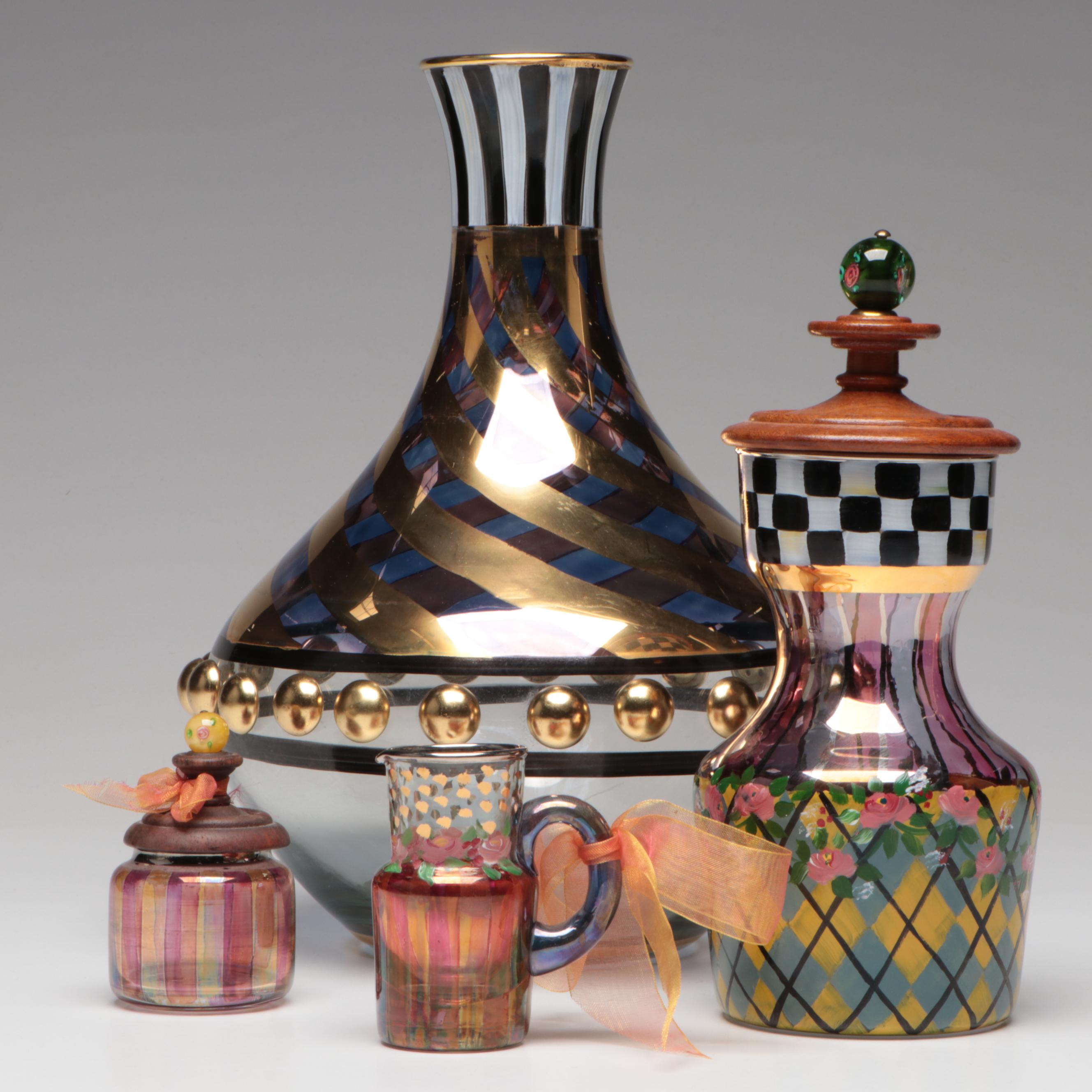 MacKenzie-Childs Hand-Painted Art Glass Vase, Pitcher, and Lidded Containers