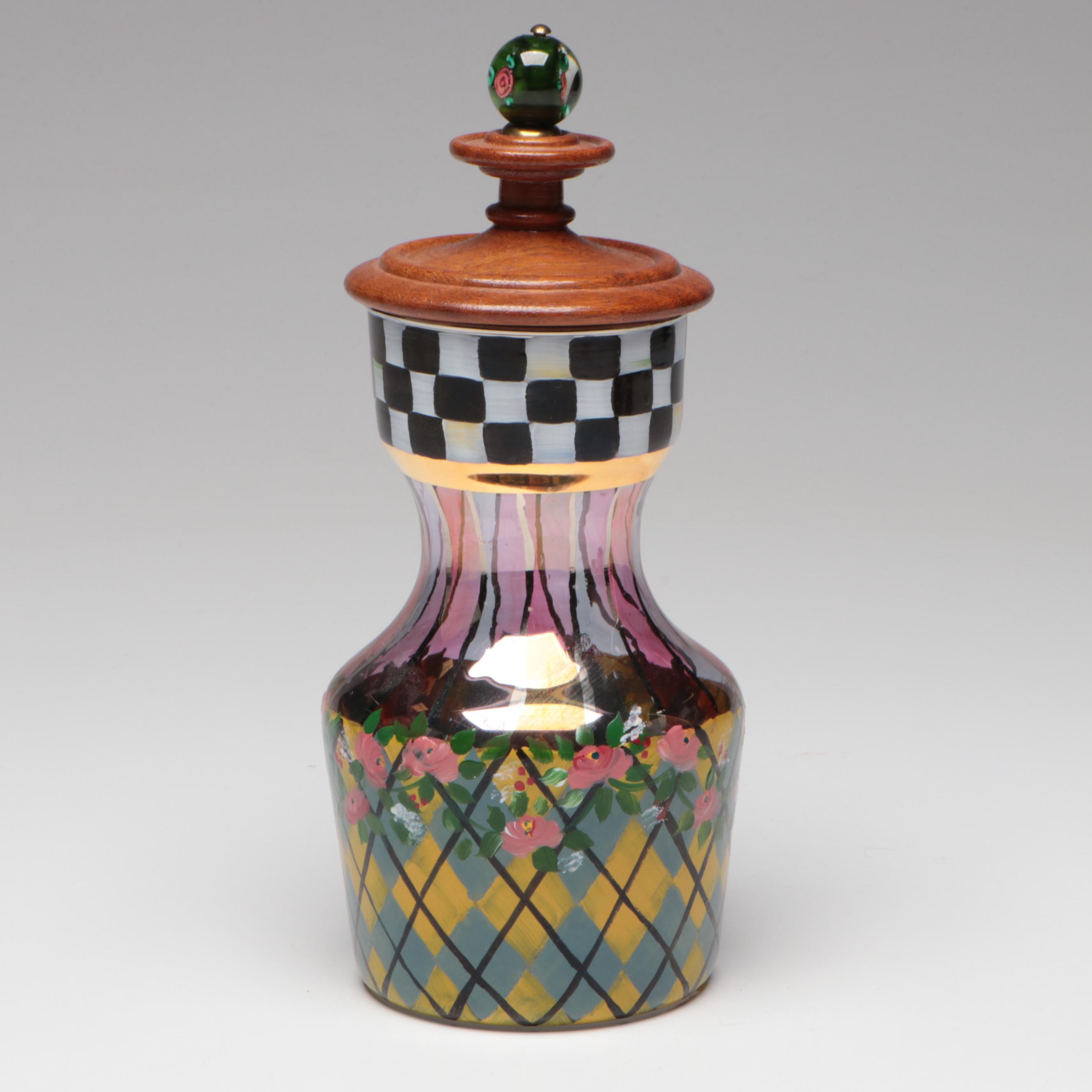 MacKenzie-Childs Hand-Painted Art Glass Vase, Pitcher, and Lidded Containers