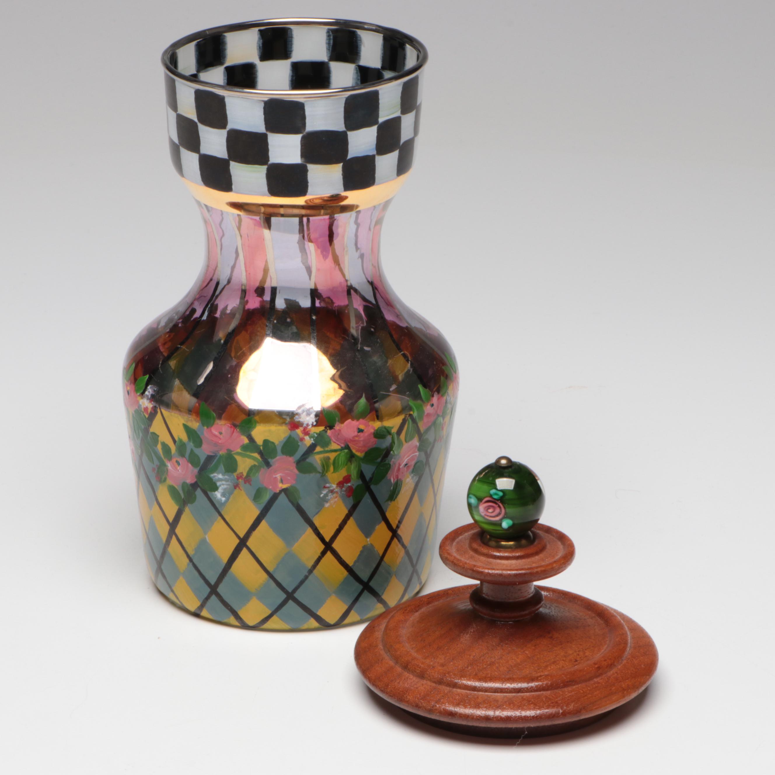 MacKenzie-Childs Hand-Painted Art Glass Vase, Pitcher, and Lidded Containers