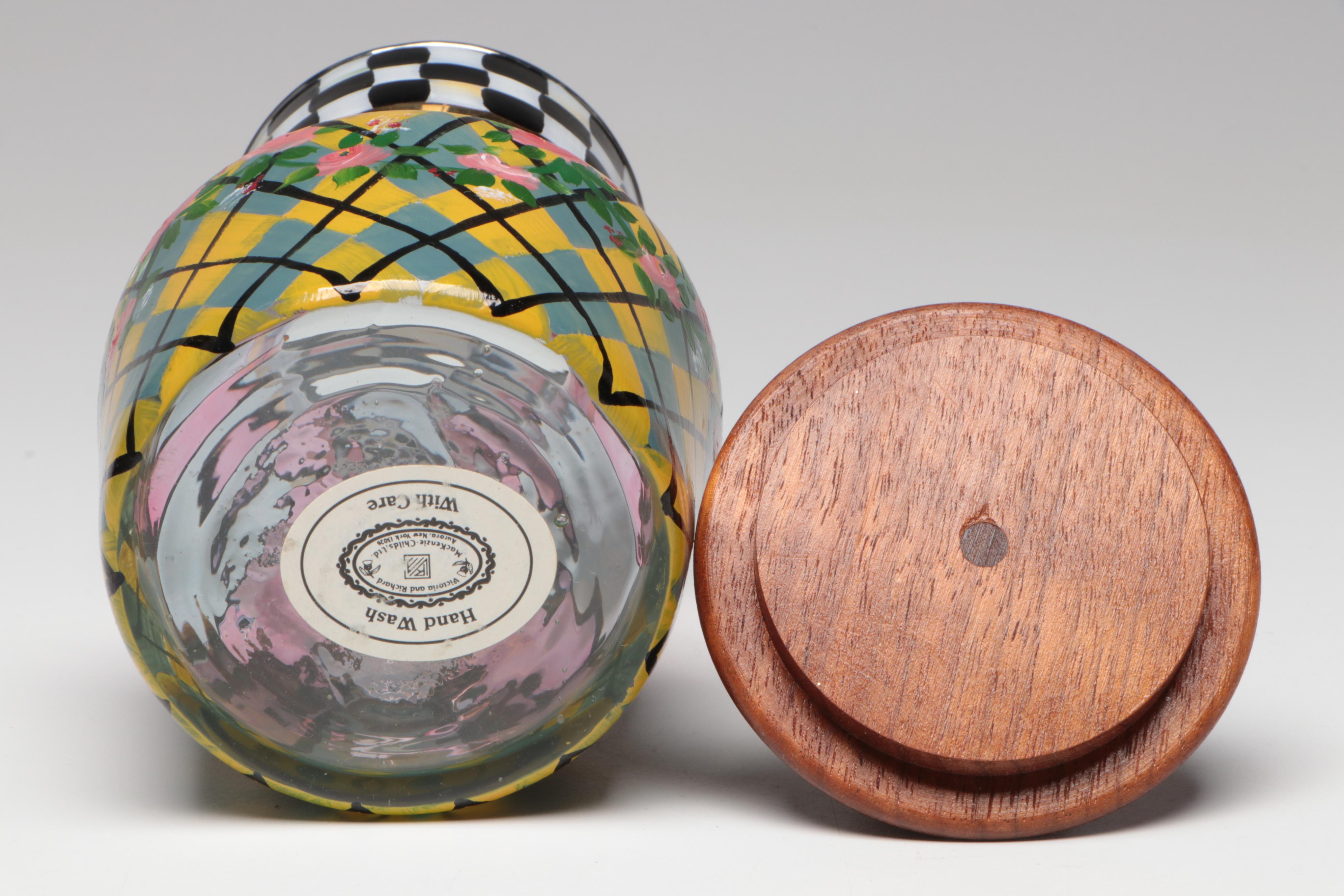 MacKenzie-Childs Hand-Painted Art Glass Vase, Pitcher, and Lidded Containers