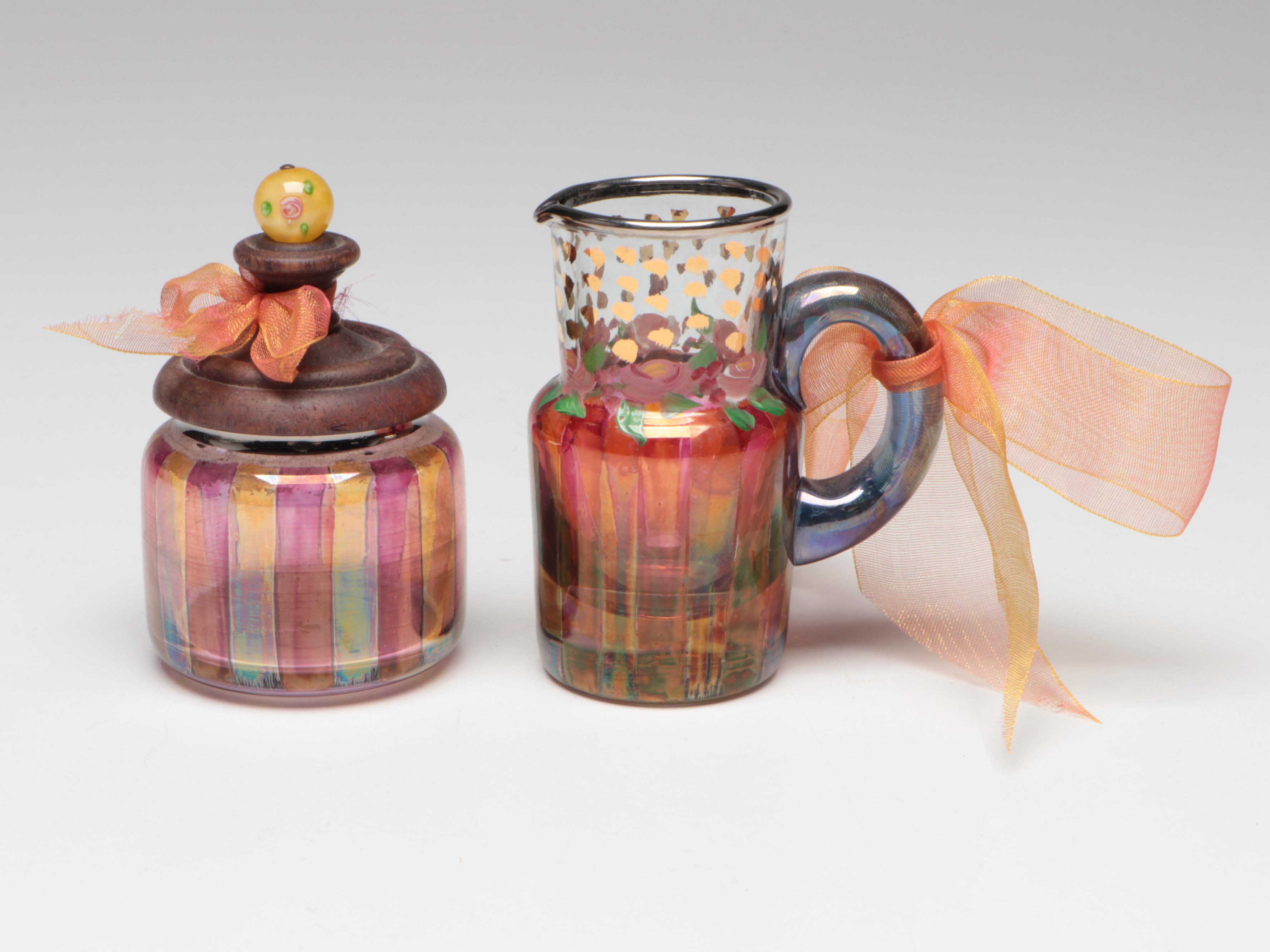 MacKenzie-Childs Hand-Painted Art Glass Vase, Pitcher, and Lidded Containers