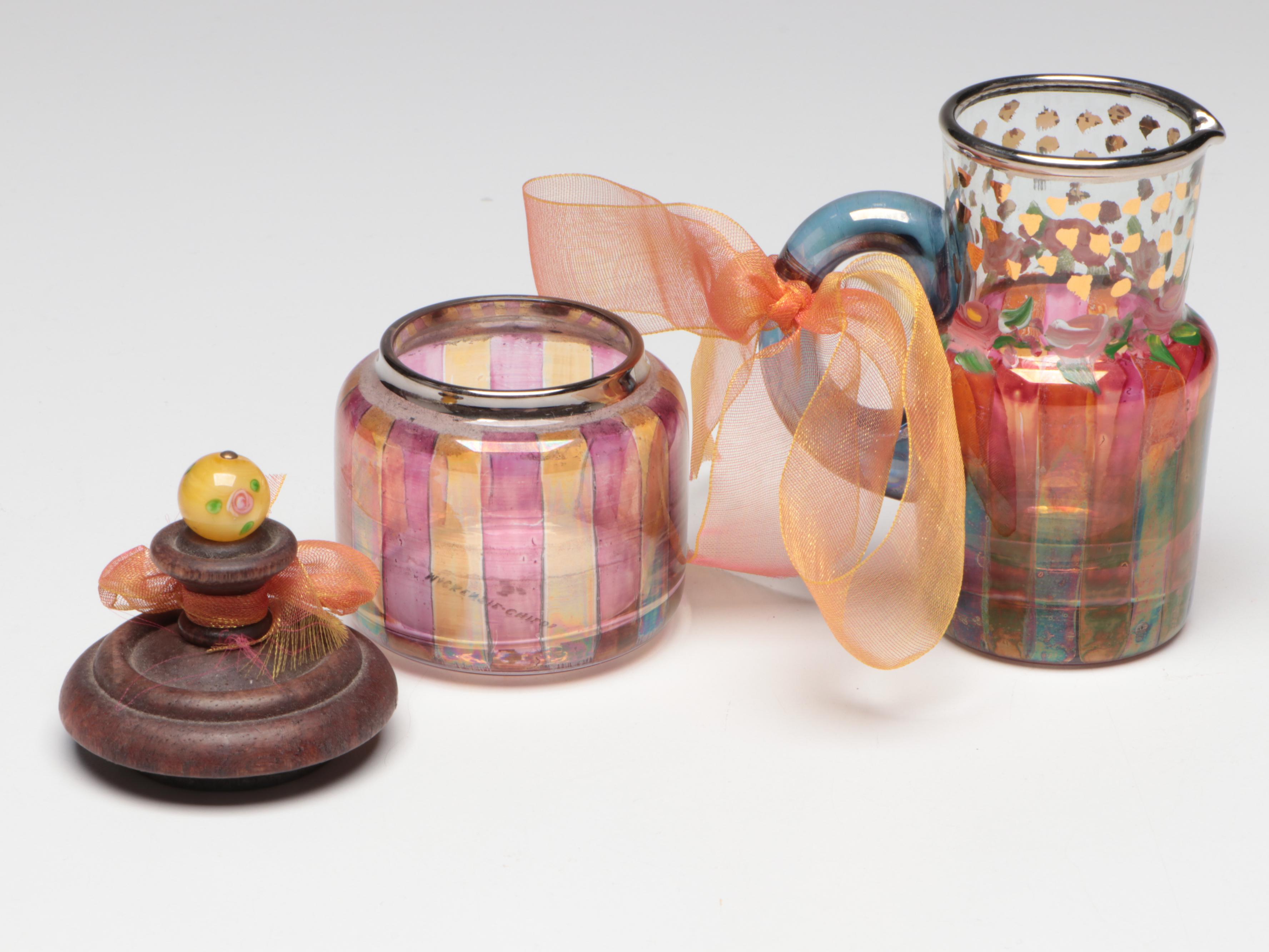 MacKenzie-Childs Hand-Painted Art Glass Vase, Pitcher, and Lidded Containers