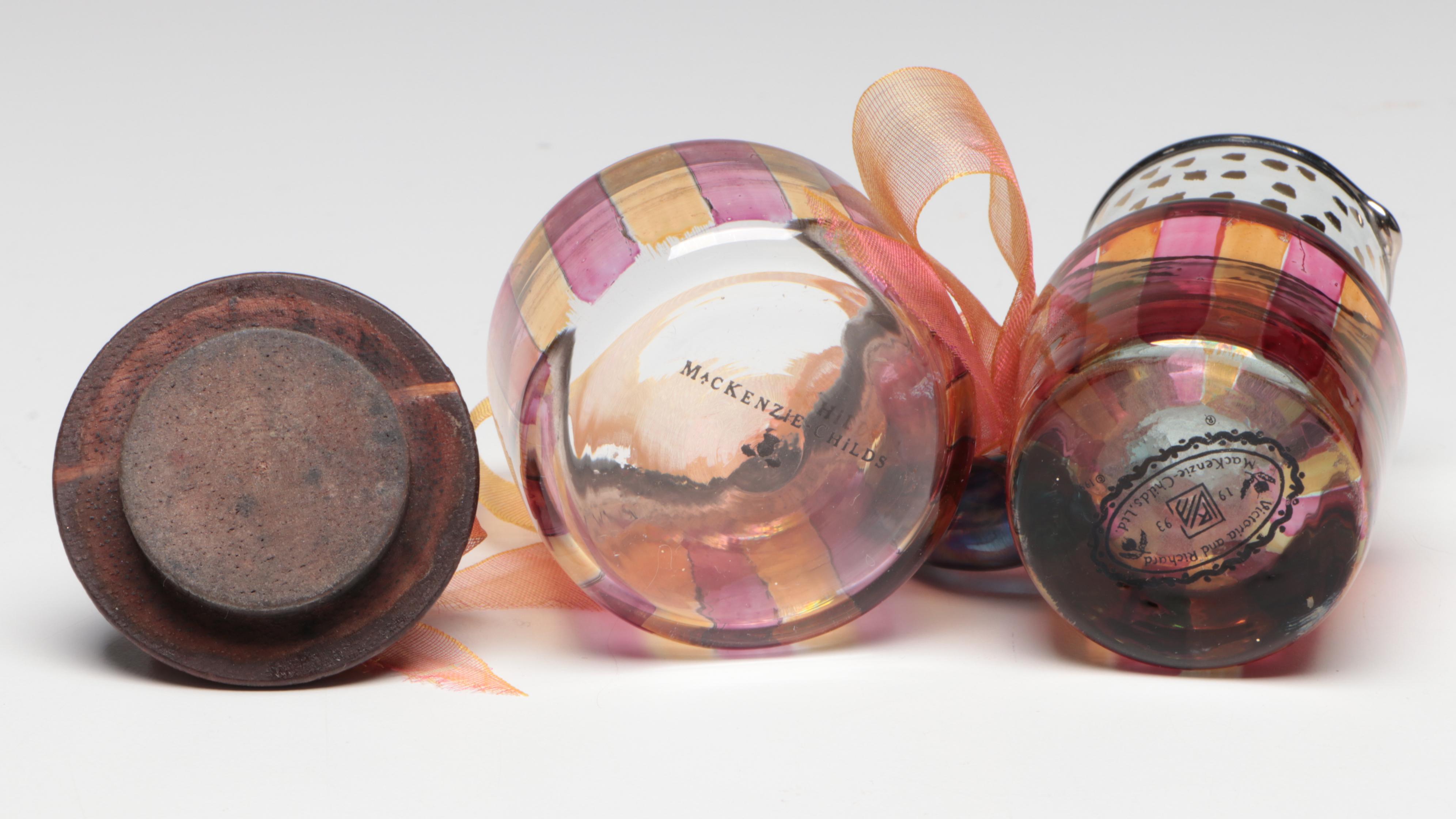 MacKenzie-Childs Hand-Painted Art Glass Vase, Pitcher, and Lidded Containers