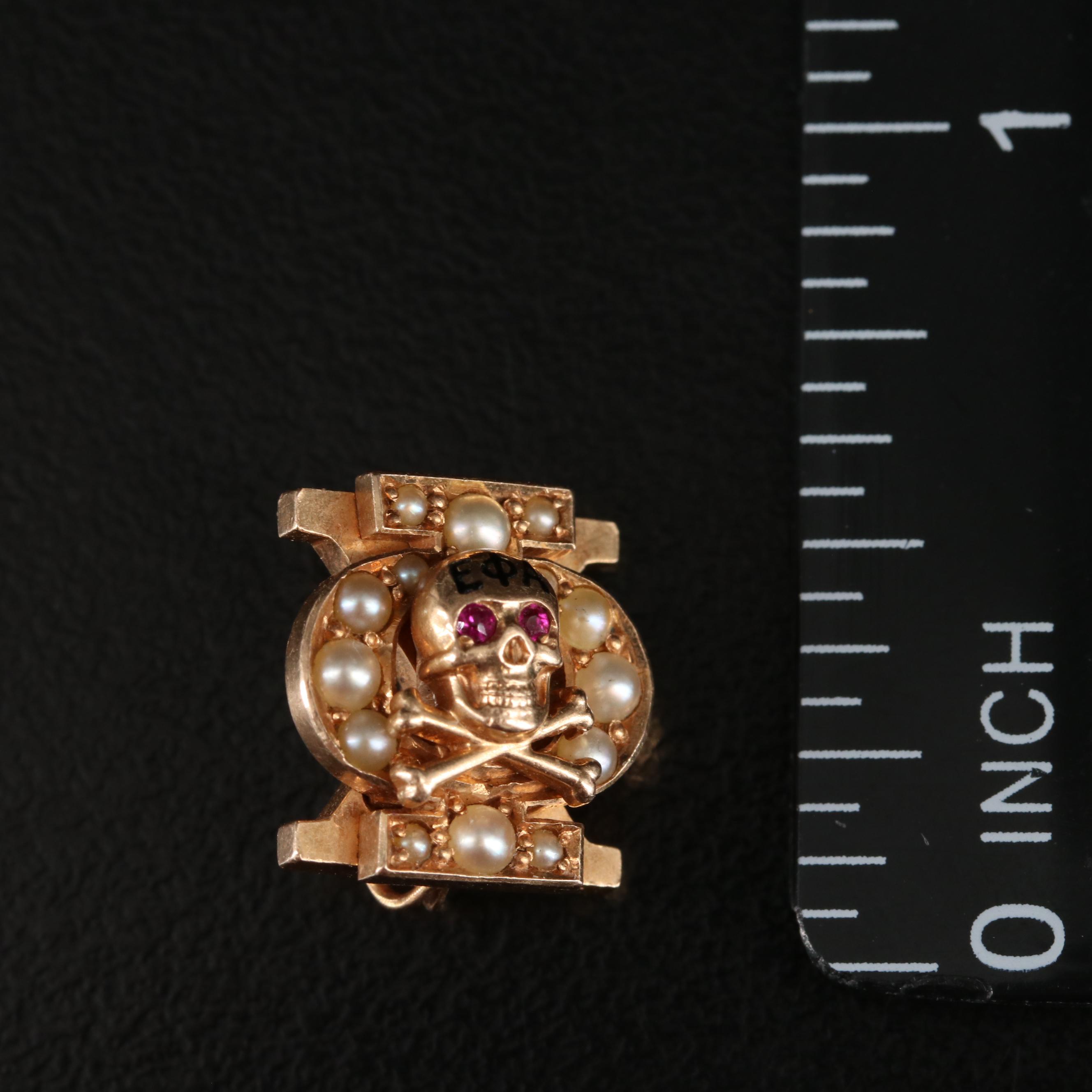 Vintage 10K and 14K Ruby, Seed Pearl and Enamel Fraternal Pins