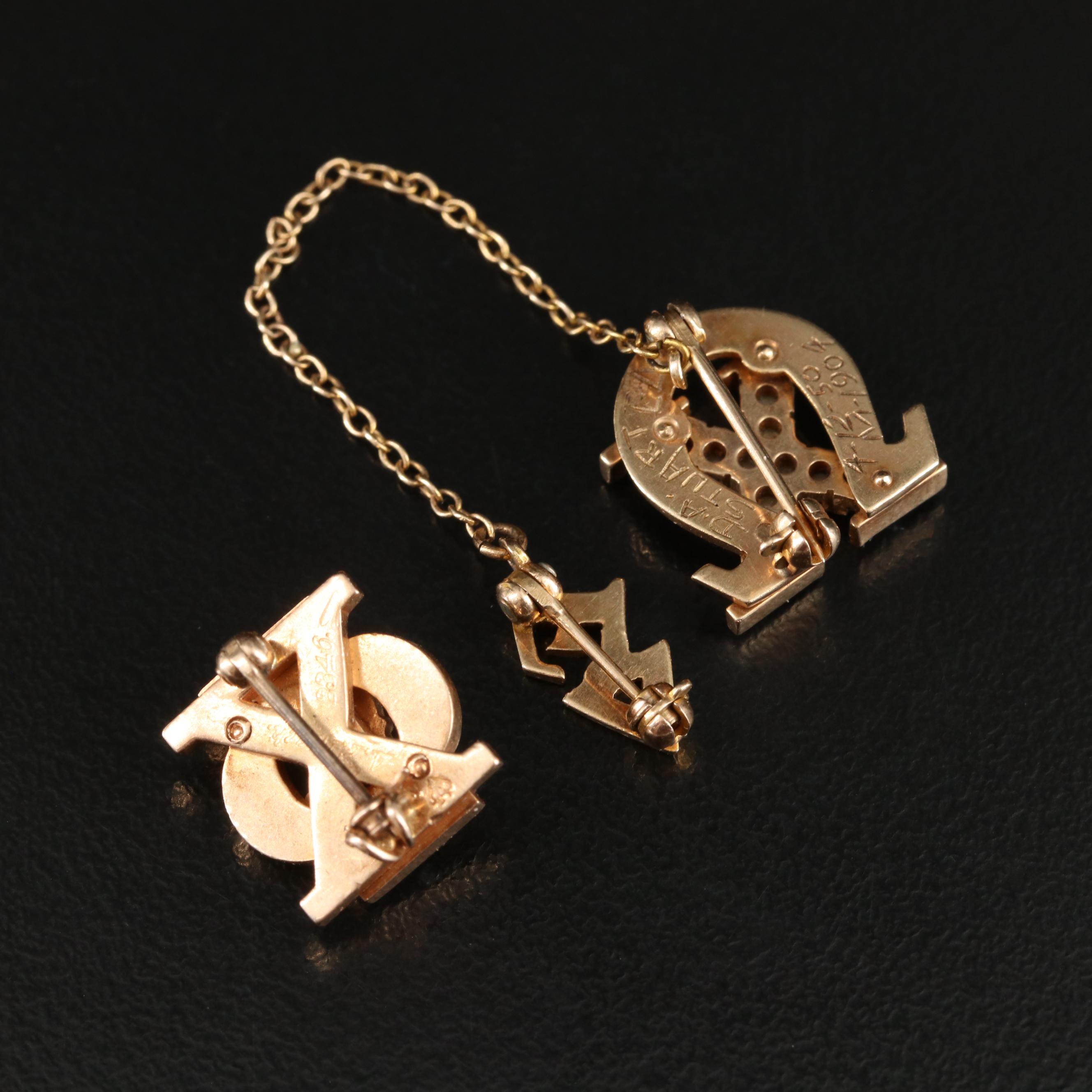 Vintage 10K and 14K Ruby, Seed Pearl and Enamel Fraternal Pins