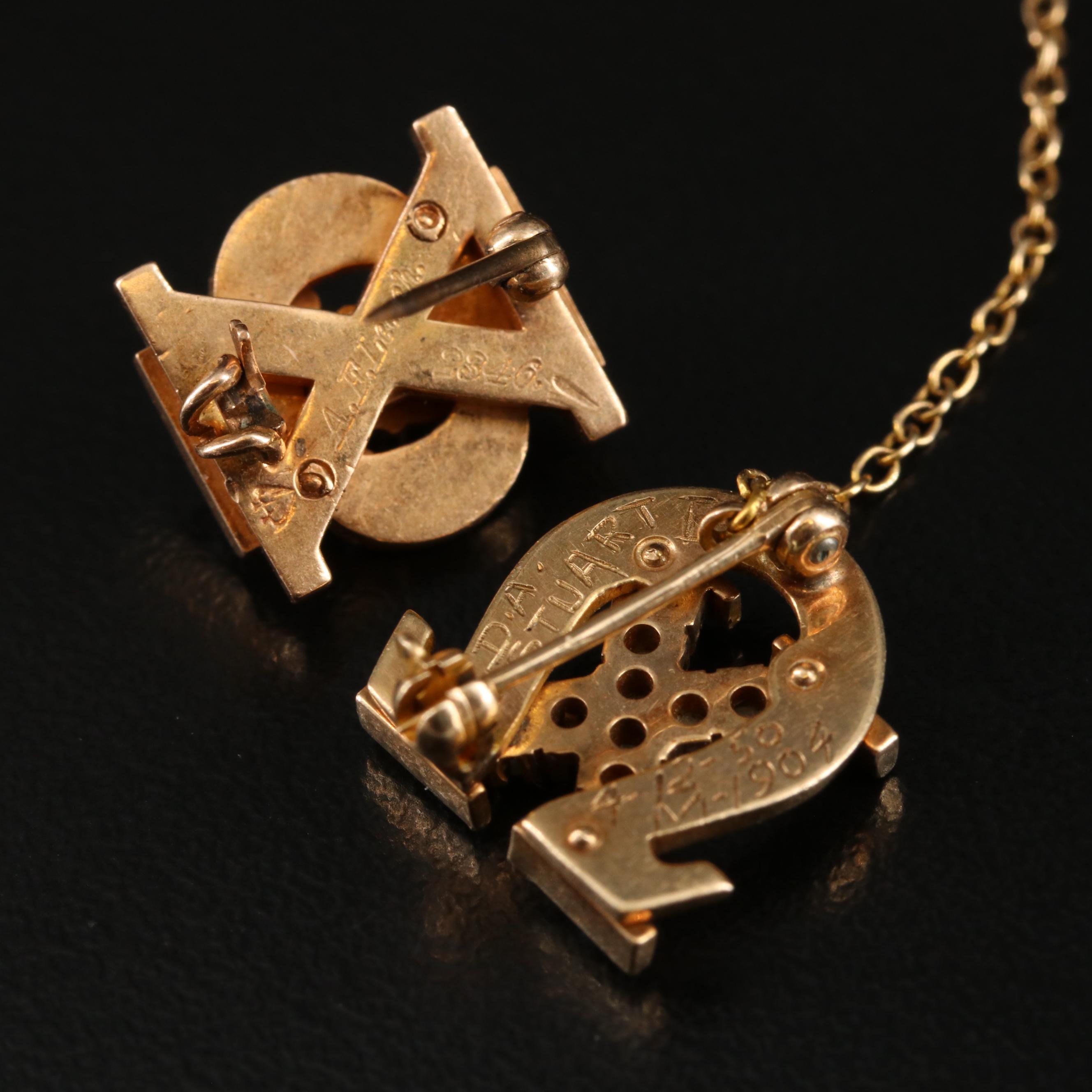 Vintage 10K and 14K Ruby, Seed Pearl and Enamel Fraternal Pins