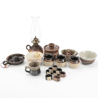 Kathleen Wallace Greer Stoneware Mugs, Napkin Rings, Oil Lamp and Spice Jars