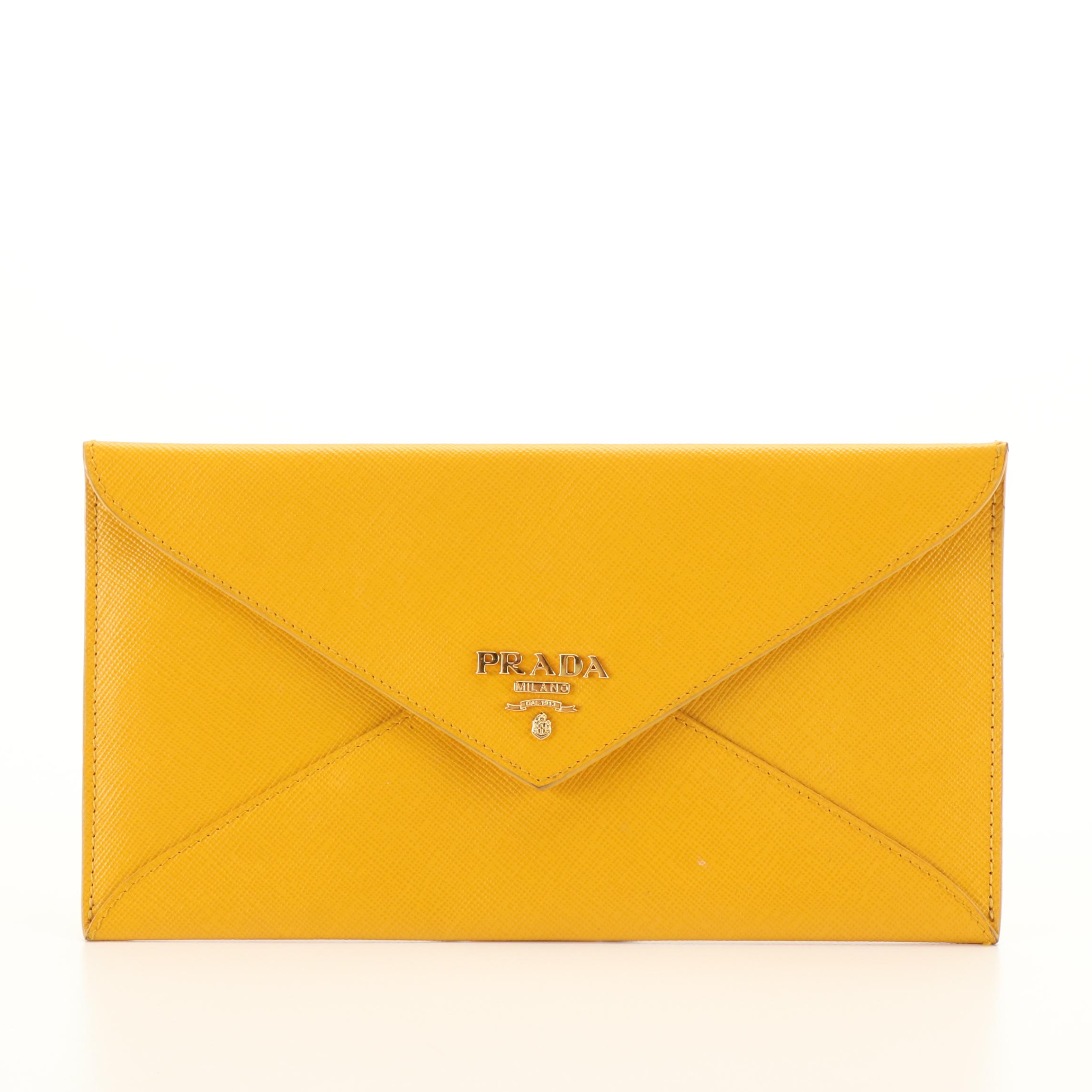 Prada Golden Ochre Saffino Leather Envelope Clutch Bag
