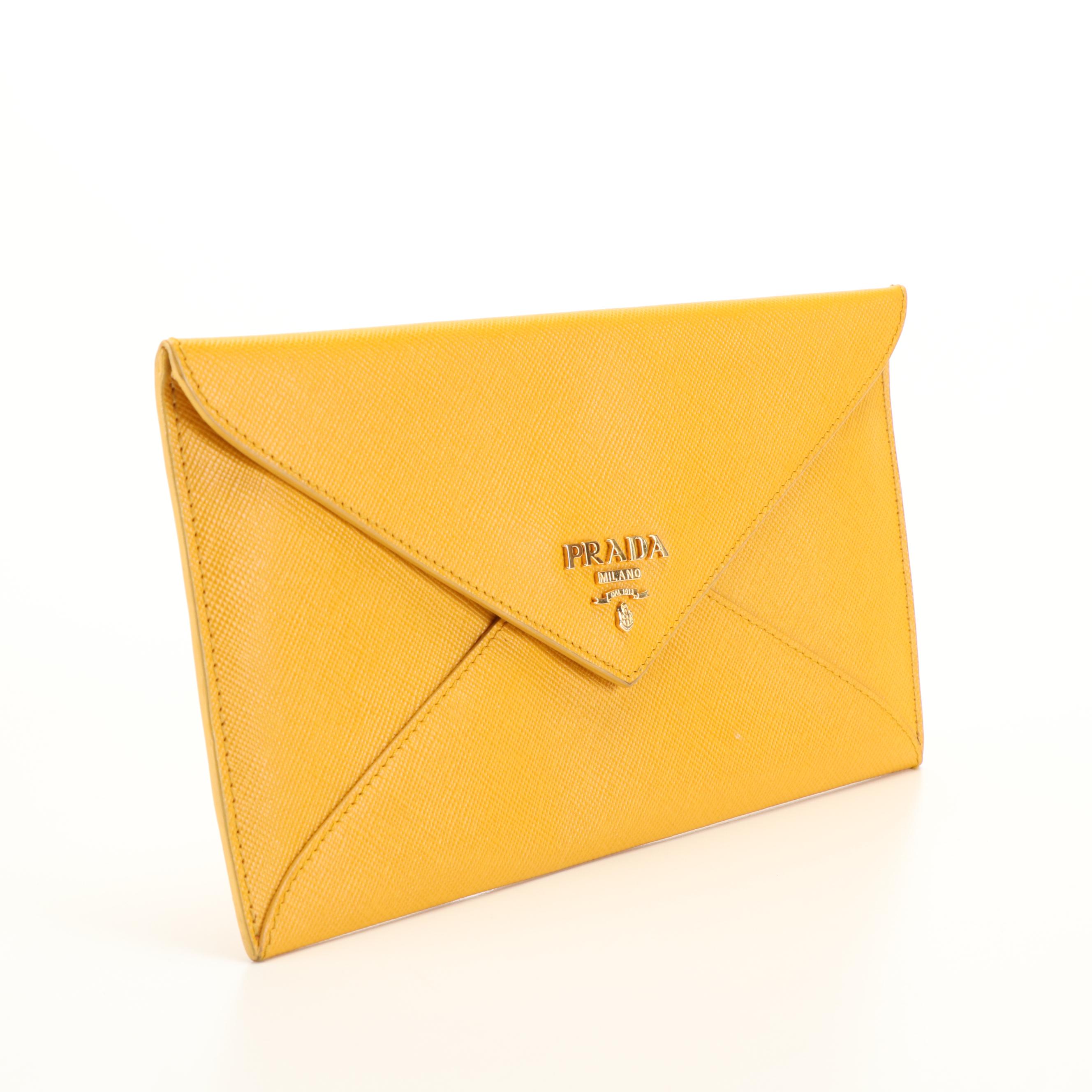 Prada Golden Ochre Saffino Leather Envelope Clutch Bag