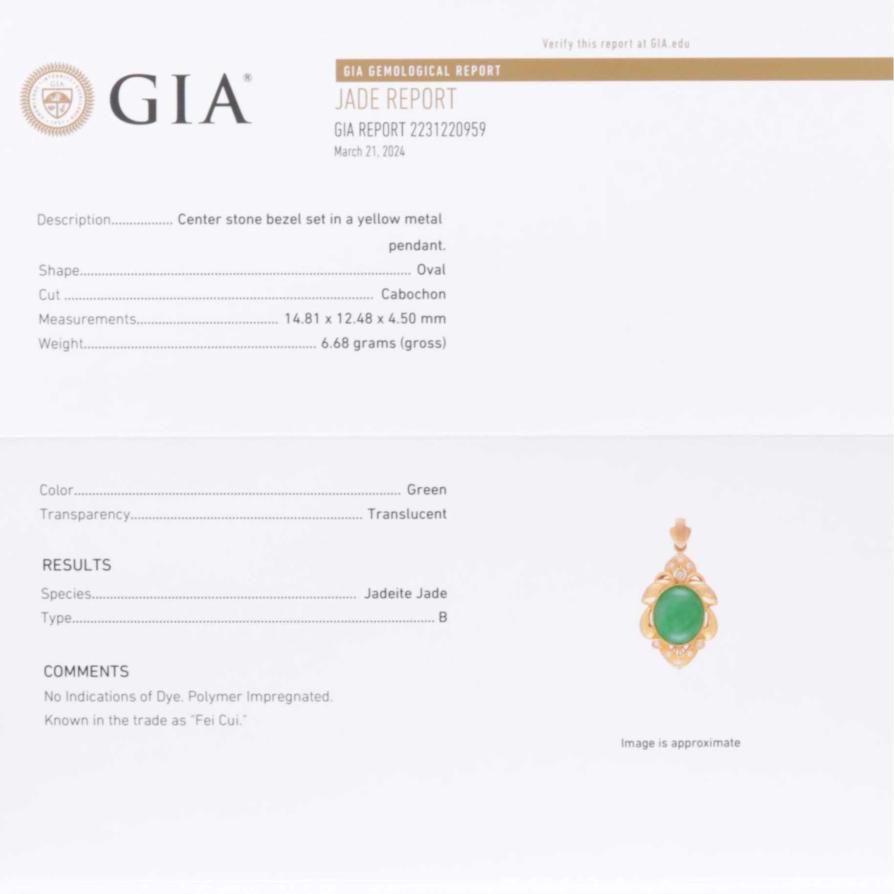 14K Fei Cui Jadeite and Diamond Pendant with GIA Report