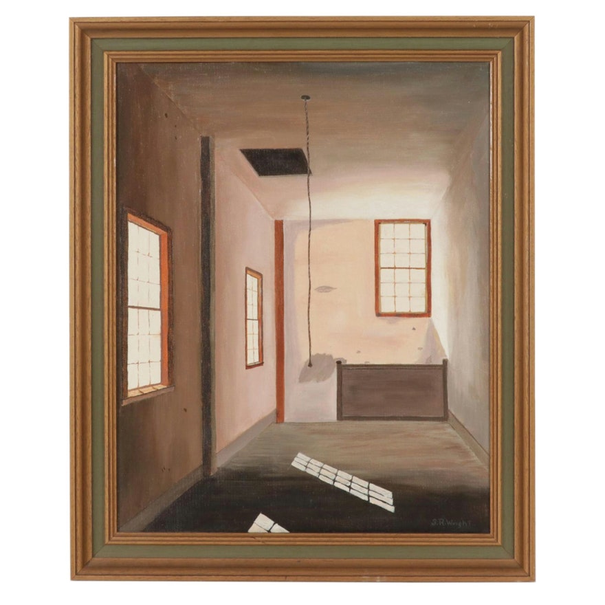 Stuart R. Wright Oil Painting Of Interior Scene, Mid to Late 20th Century