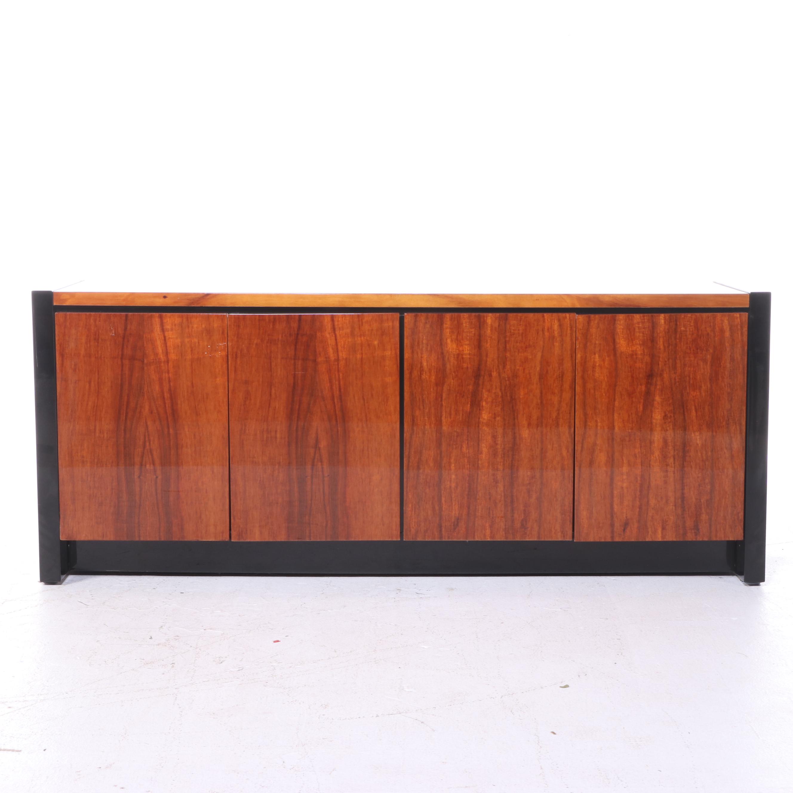 Henredon Elan Collection Koa Wood and Black Lacquered Credenza and Glass Cabinet