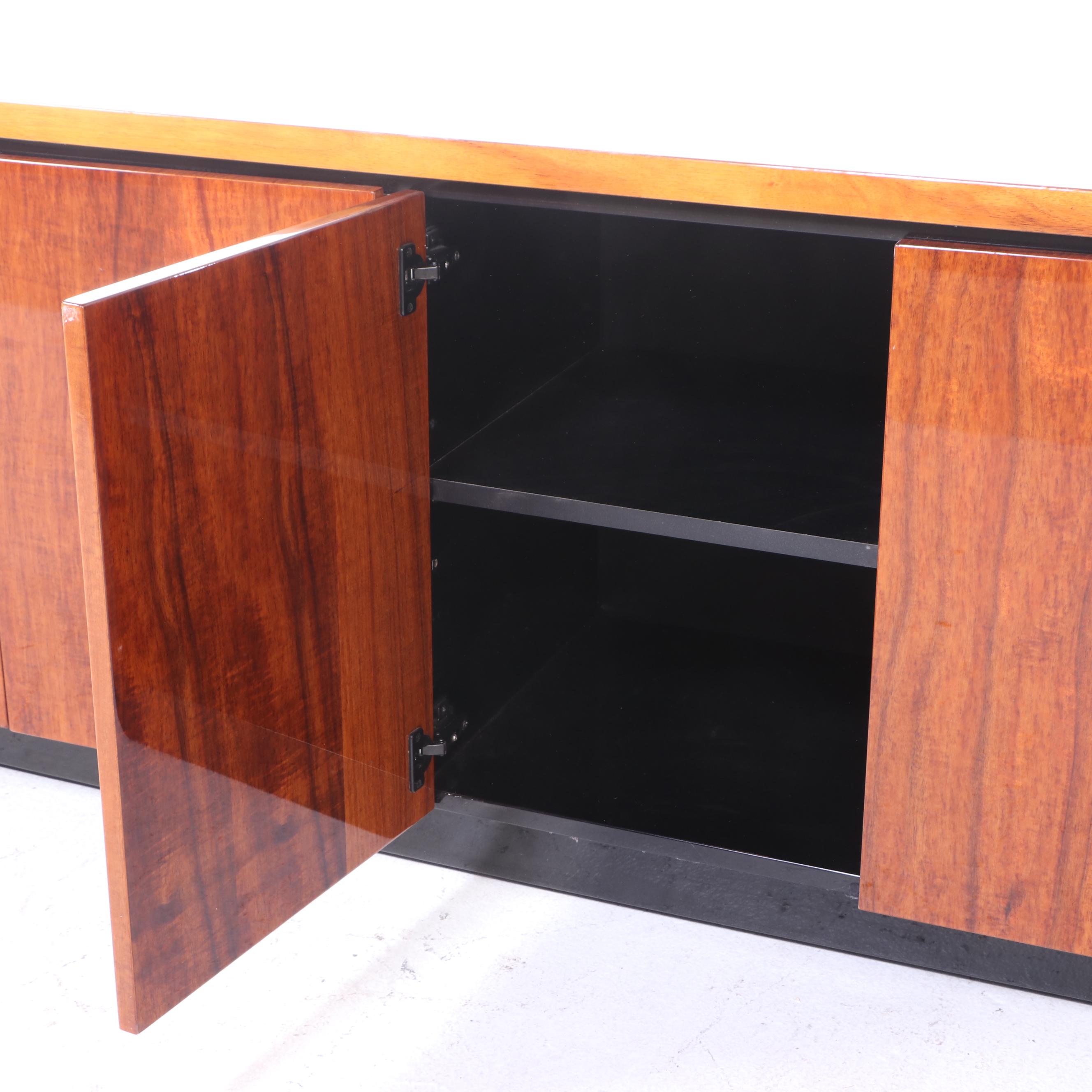 Henredon Elan Collection Koa Wood and Black Lacquered Credenza and Glass Cabinet