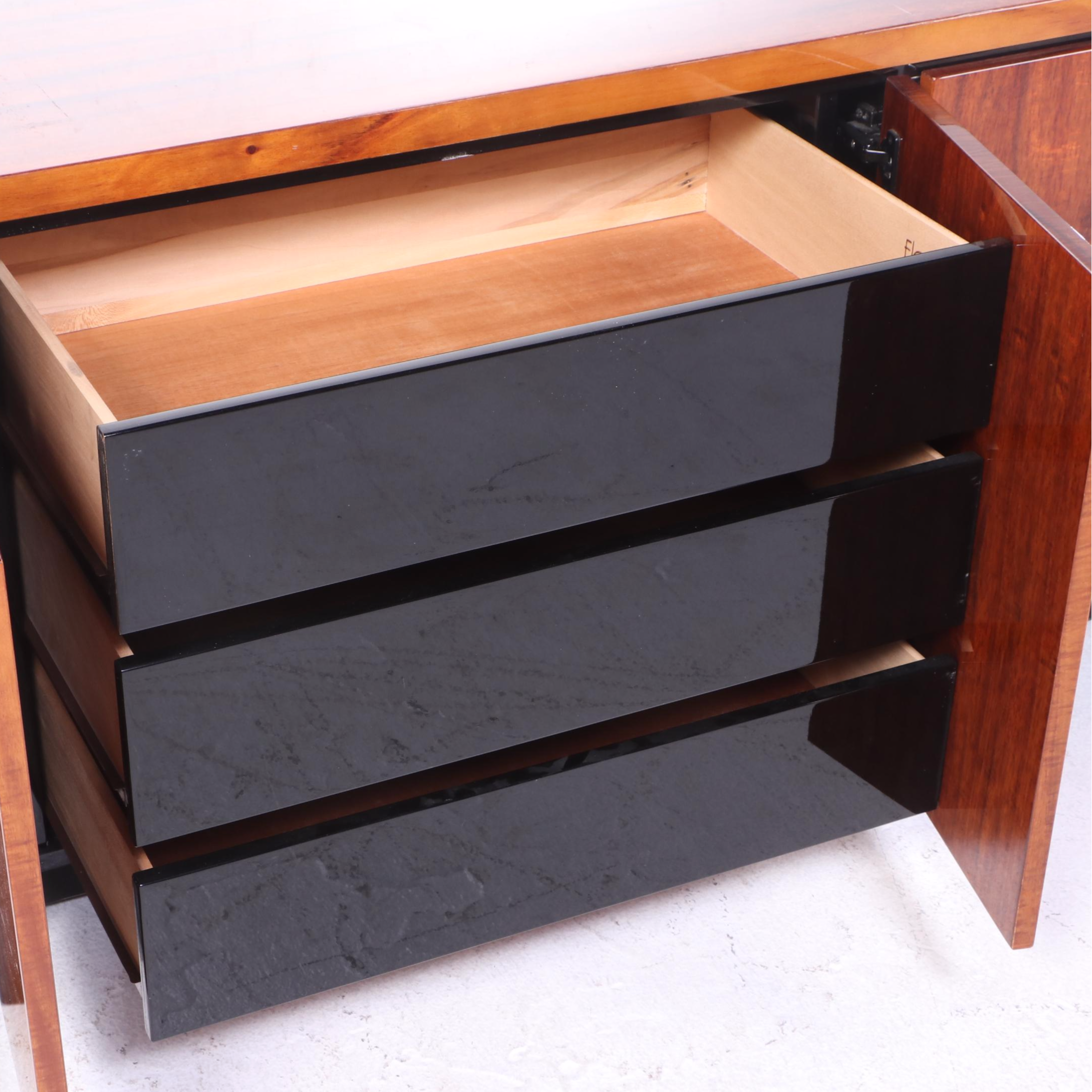 Henredon Elan Collection Koa Wood and Black Lacquered Credenza and Glass Cabinet