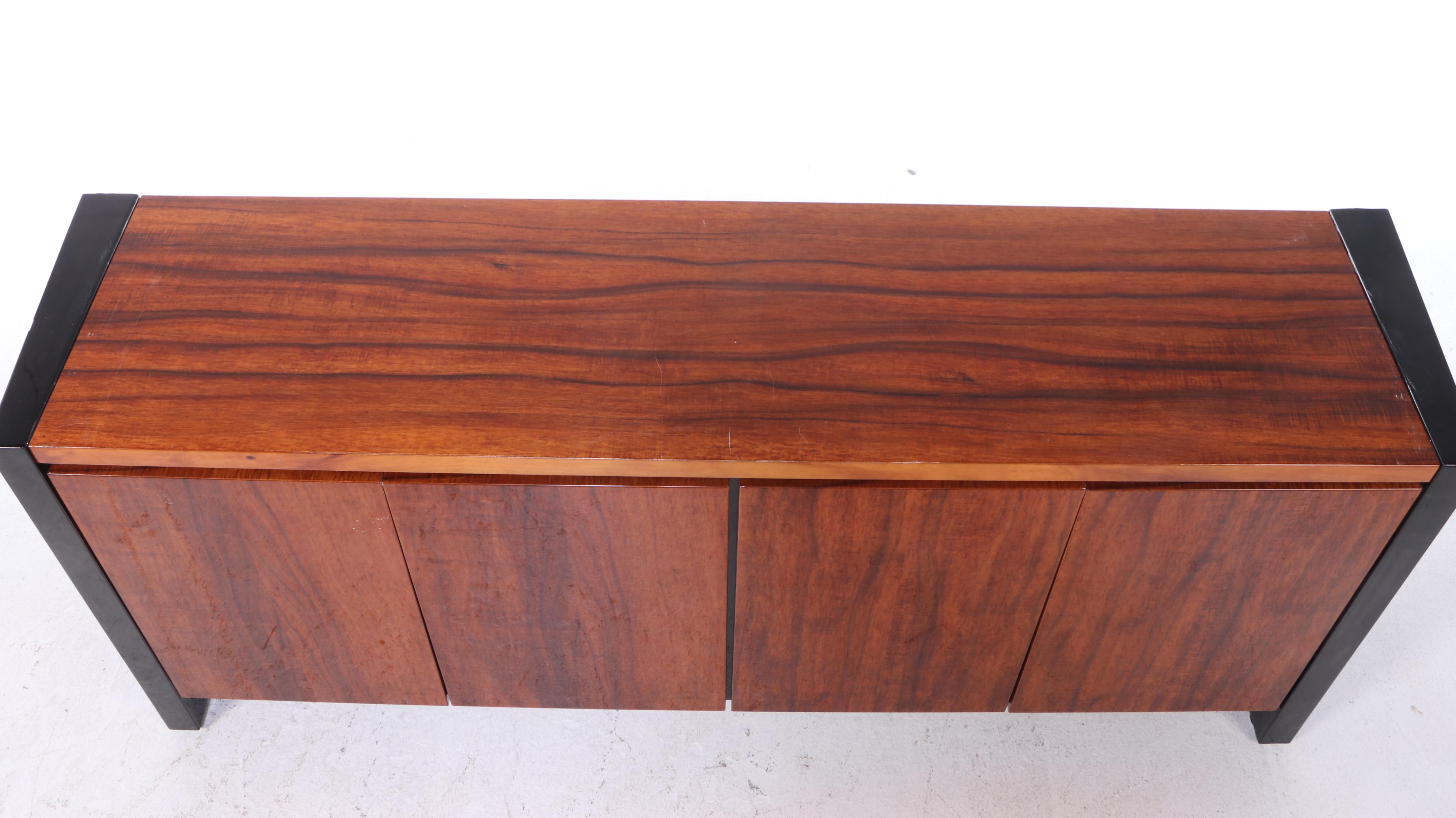 Henredon Elan Collection Koa Wood and Black Lacquered Credenza and Glass Cabinet