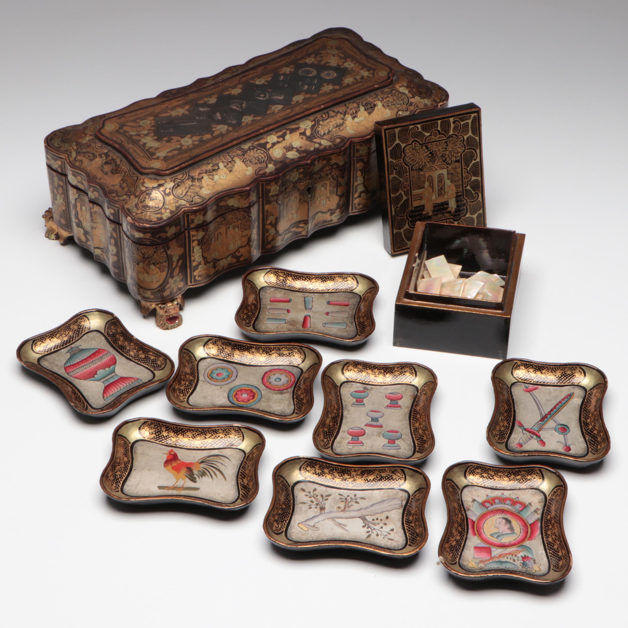 Chinese Lacquered Game Box with Boodles and Counters, Early 19th Century