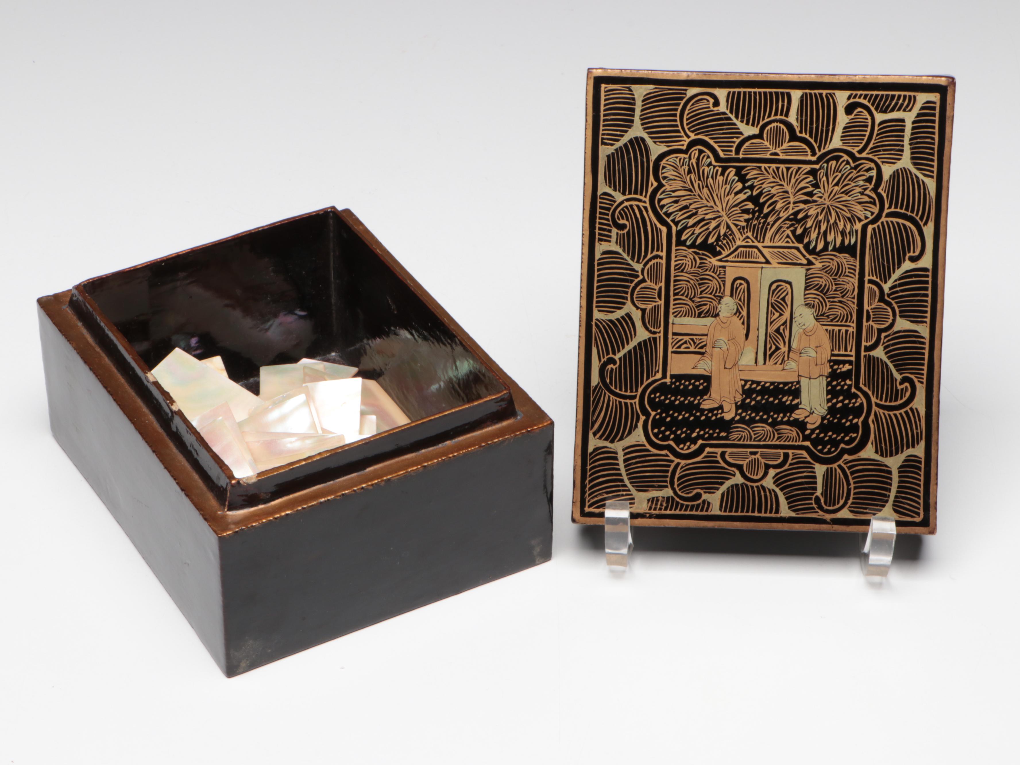 Chinese Lacquered Game Box with Boodles and Counters, Early 19th Century