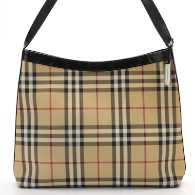 Burberry House Check and Black Leather Coated Canvas Shoulder Bag