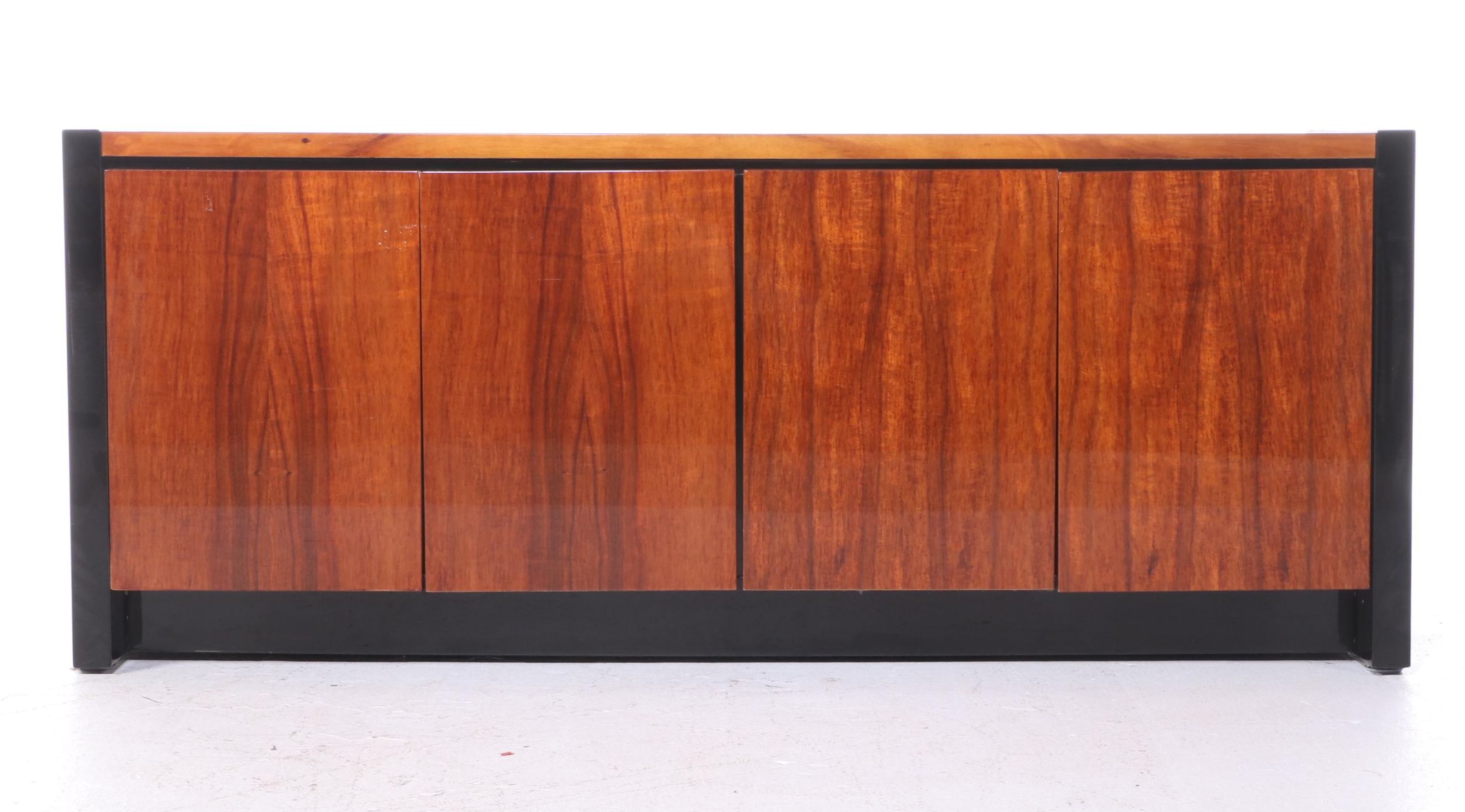Henredon Elan Collection Koa Wood and Black Lacquered Credenza and Glass Cabinet