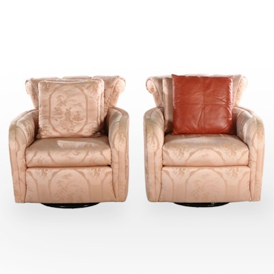 Pair of Chinoiserie Pattern Upholstered Shell Back Swivel Chairs