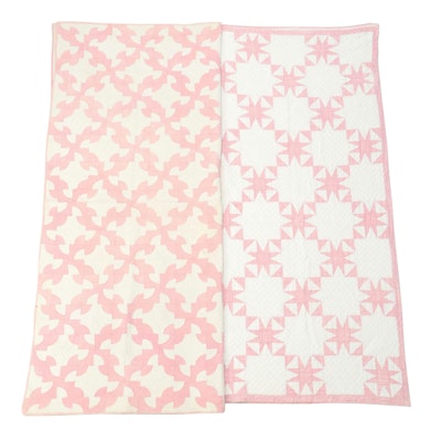 Handmade "Sawtooth" and "Drunkard's Path" Pink Pieced Fabric Quilts