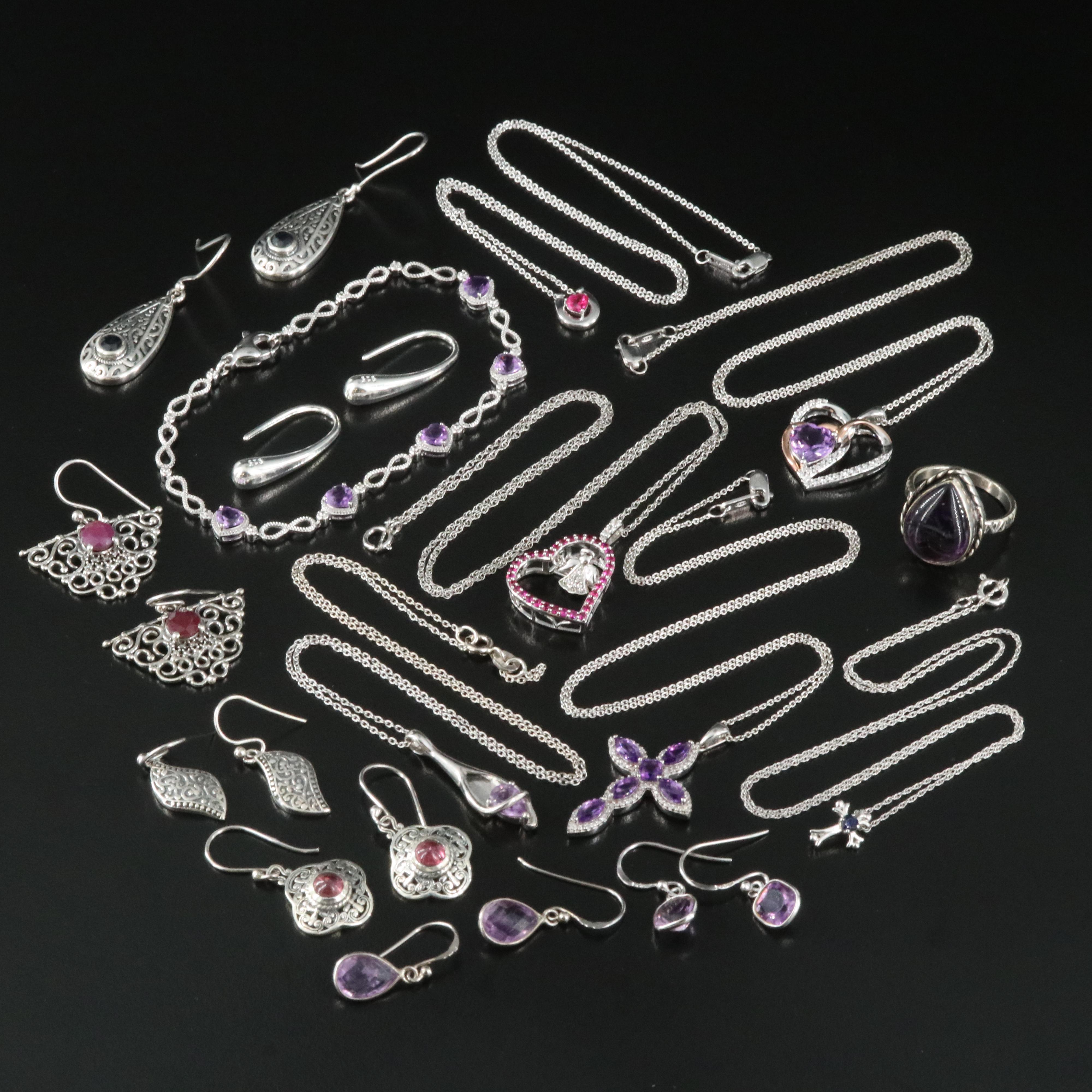Sterling Gemstone Assortment Including Ruby and Amethyst