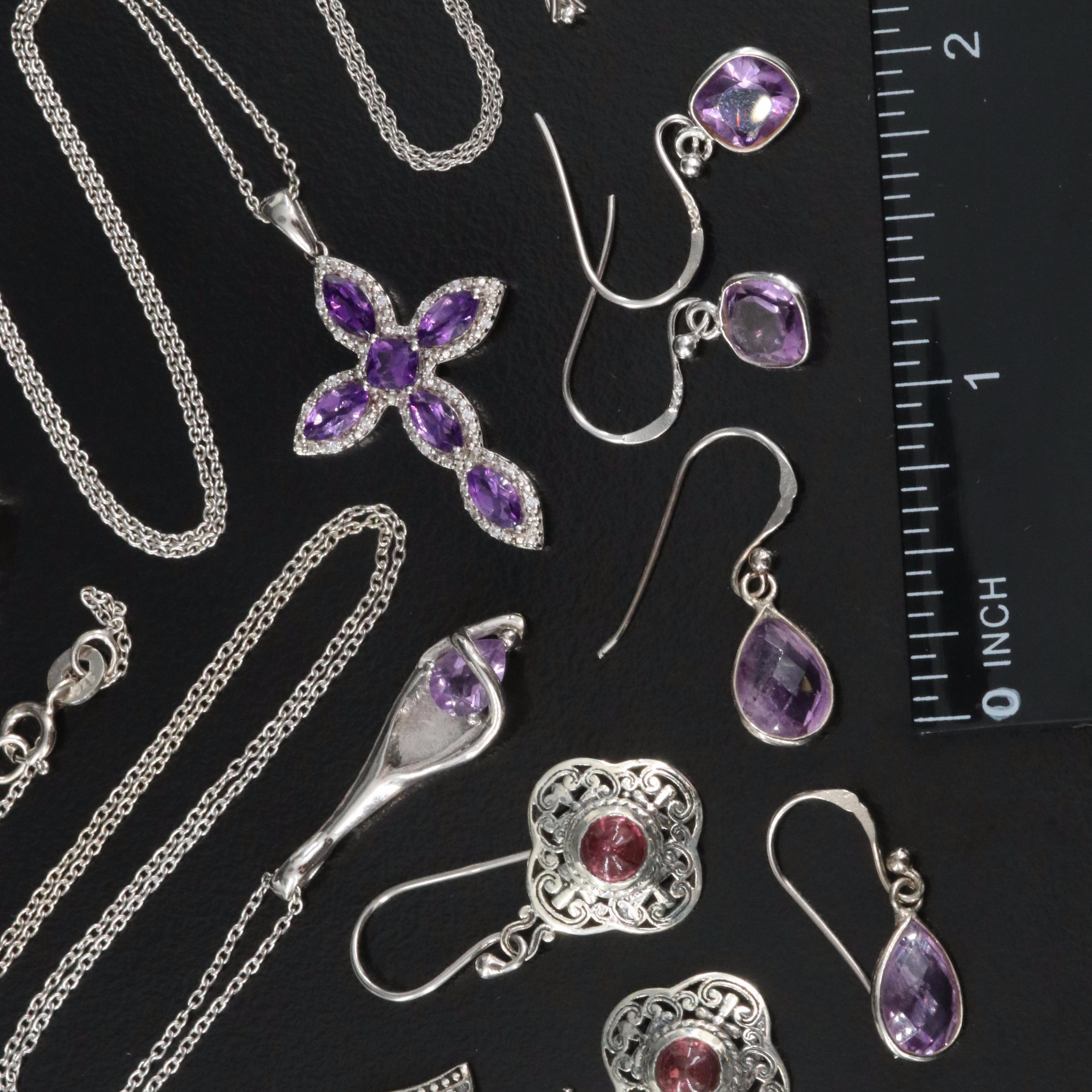 Sterling Gemstone Assortment Including Ruby and Amethyst